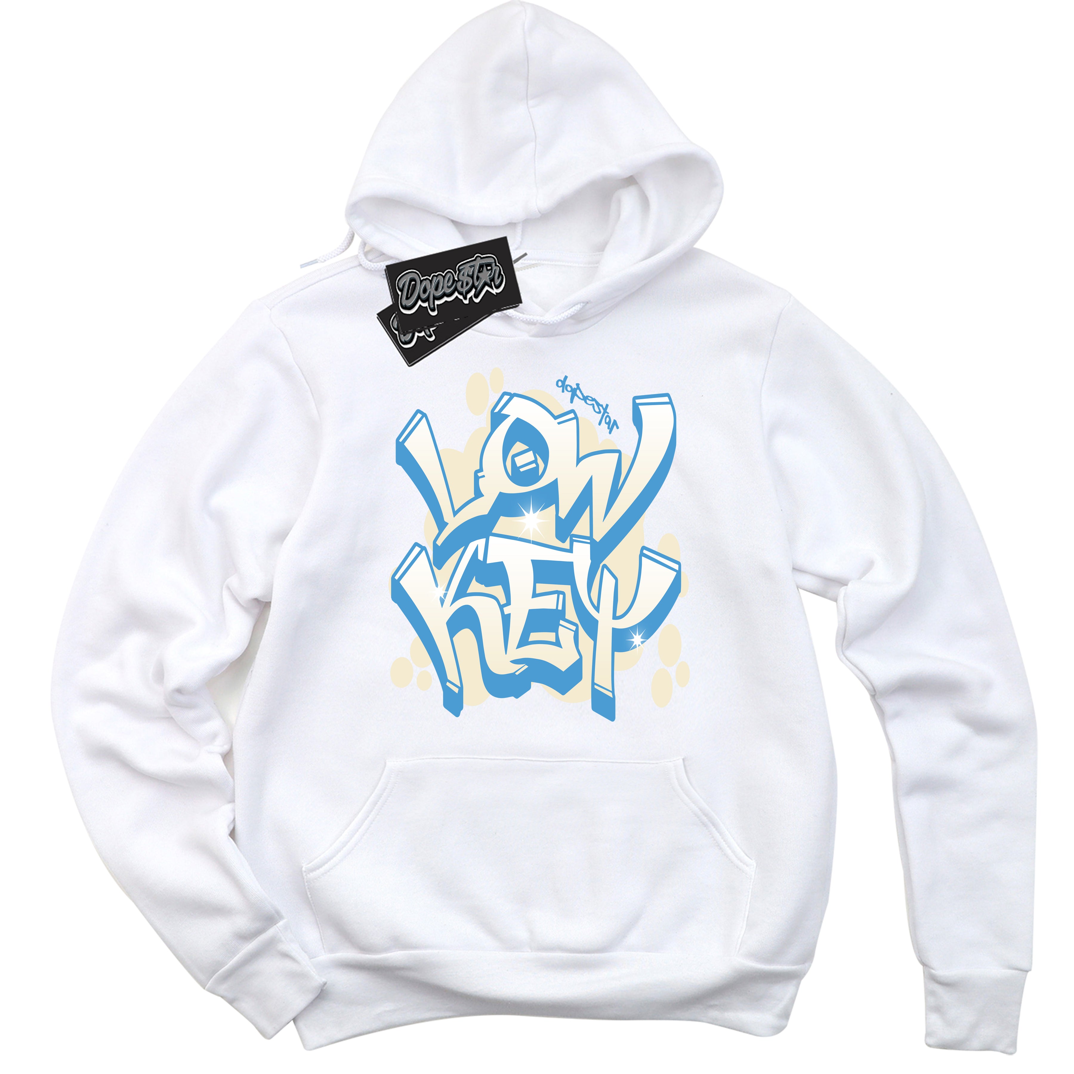 White “Low Key” Hoodie by Dope Star Brand®, styled to match UNC Reimagined 1s sneakers