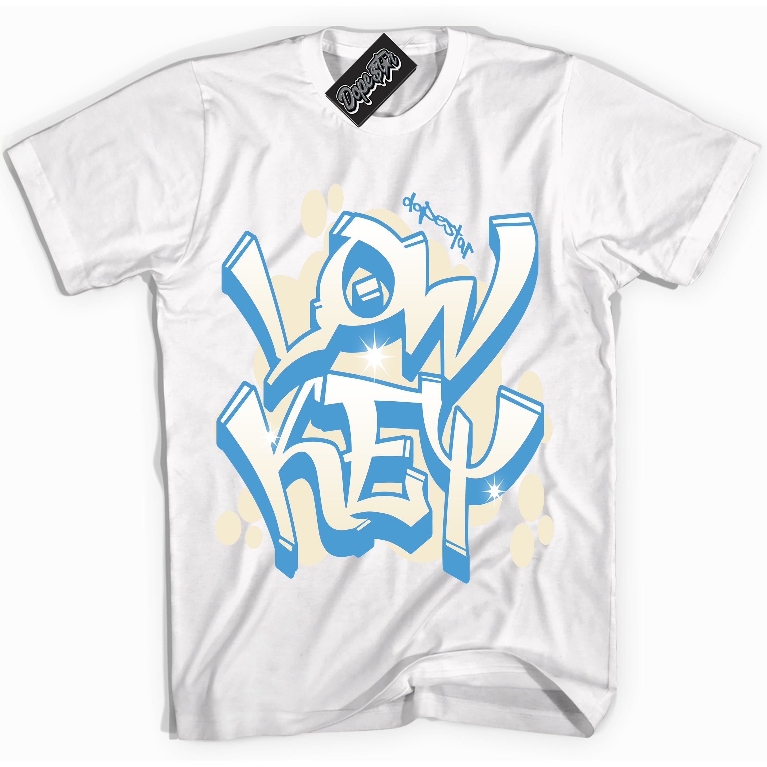White “Low Key” T-shirt by Dope Star Brand®, styled to match UNC Reimagined 1s sneakers