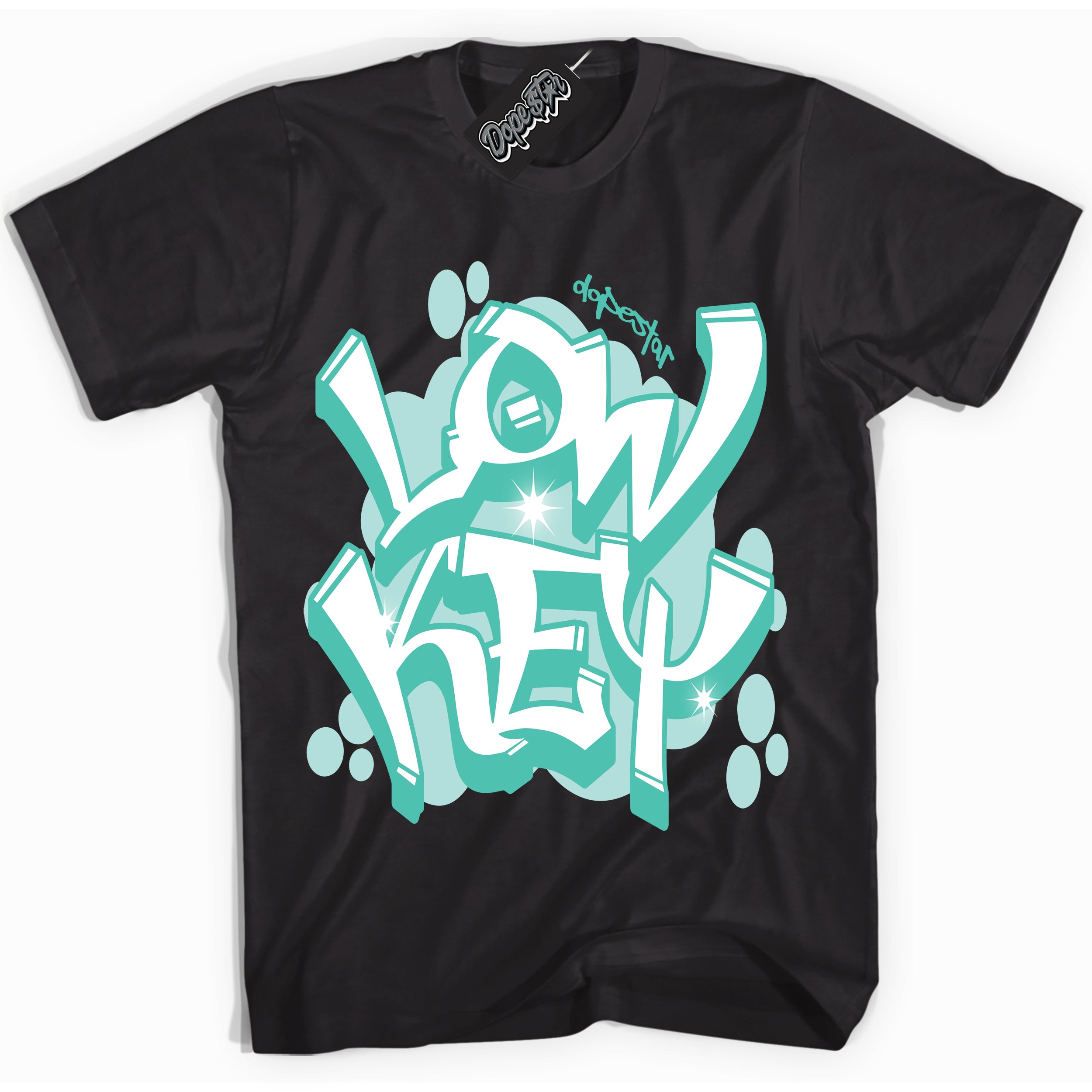 Black “Low Key” T-shirt by Dope Star Brand®, styled to match Teal 1s sneakers