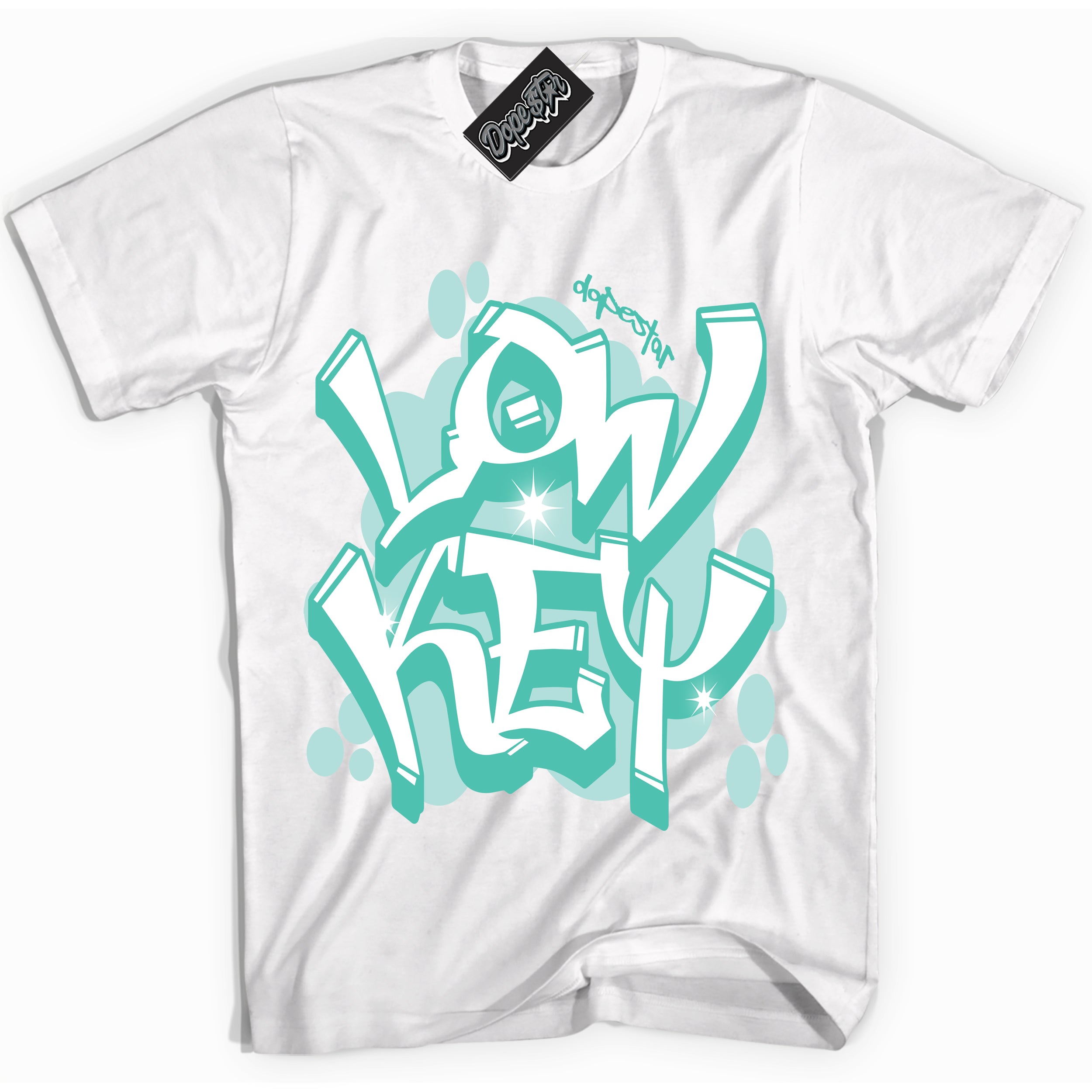 White “Low Key” T-shirt by Dope Star Brand®, styled to match Teal 1s sneakers