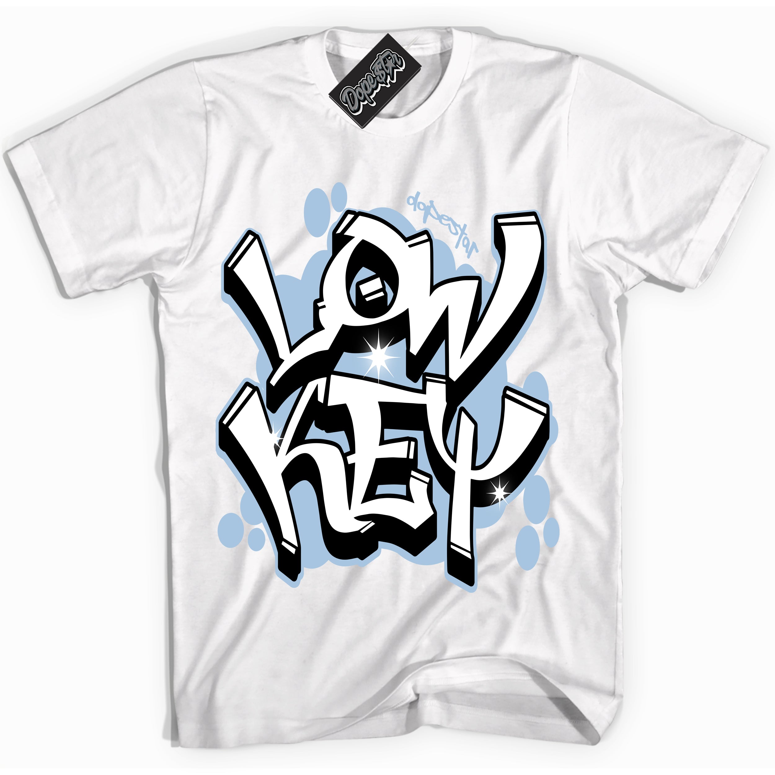 White “Low Key” T-shirt by Dope Star Brand®, styled to match Reverse Panda Dunk sneakers