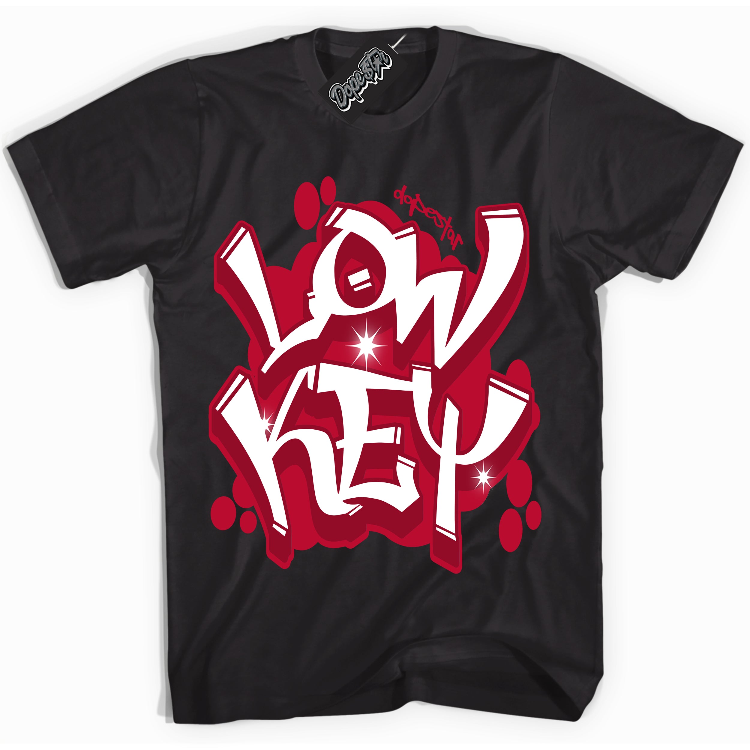 Black “Low Key” T-shirt by Dope Star Brand®, styled to match University Red Dunk sneakers