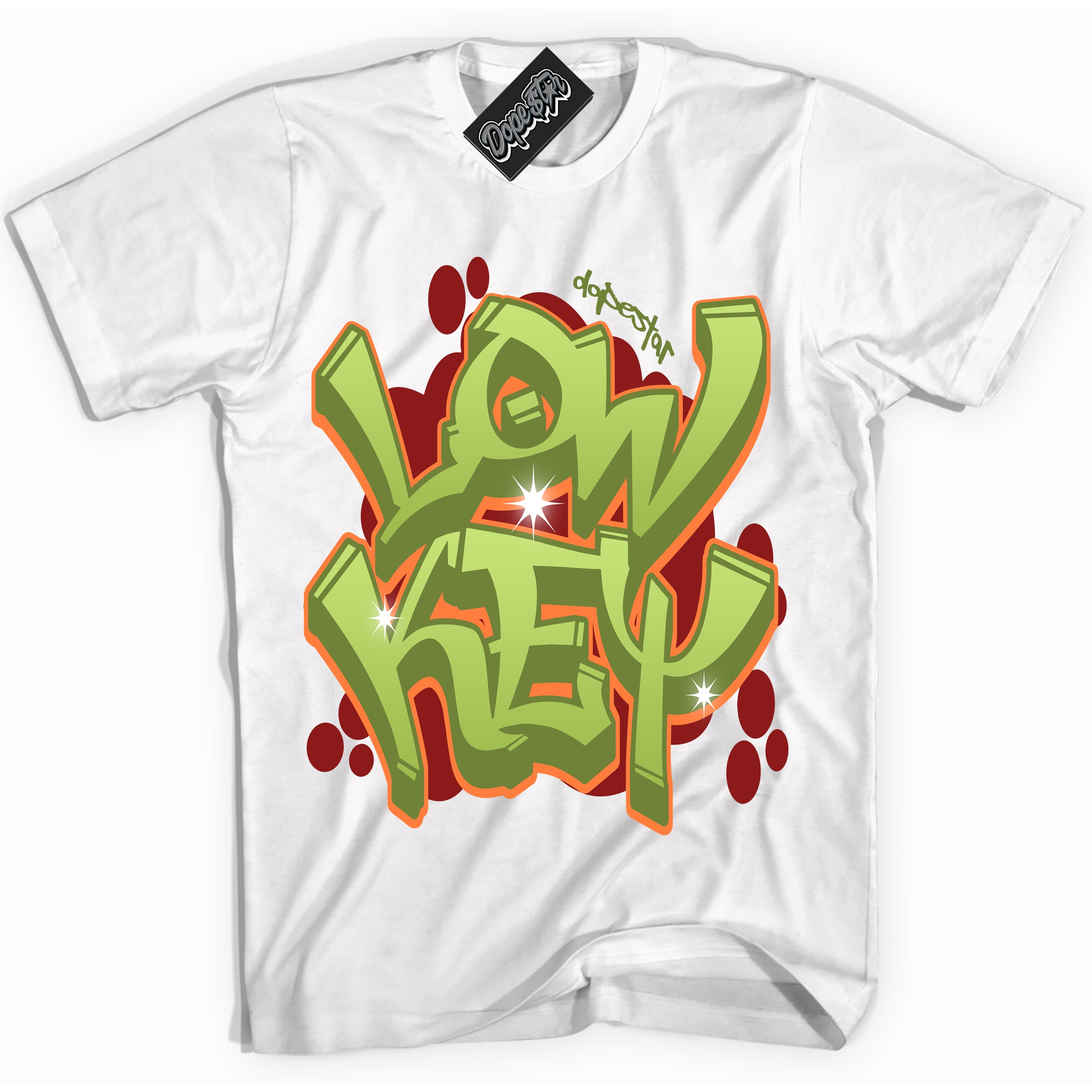 White “Low Key” T-shirt by Dope Star Brand®, styled to match Green Curry Dunk sneakers