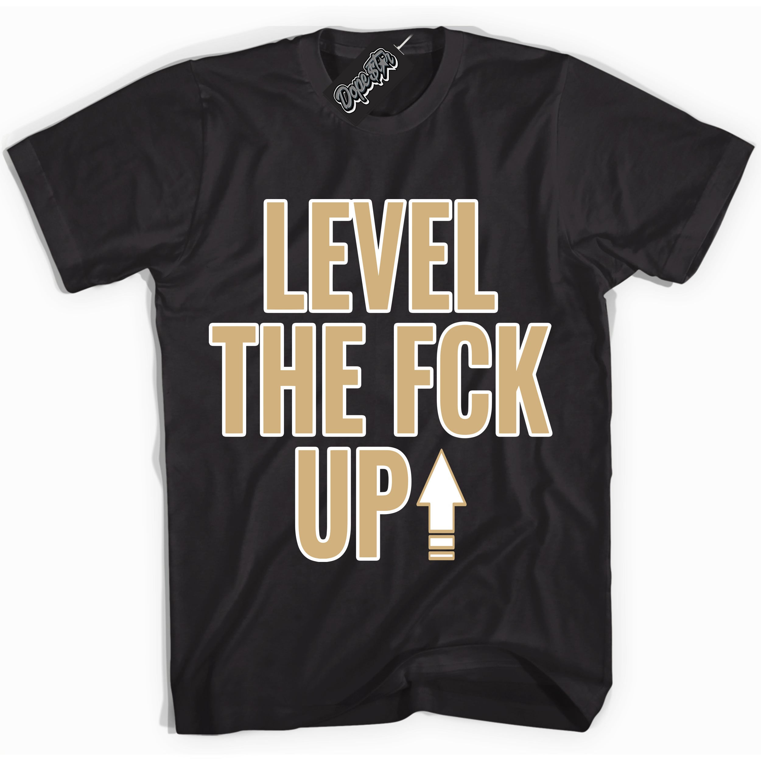 Jordan MVP White Metallic Gold ‘Level The Fck Up’ – Black Streetwear T-Shirt | Sneaker Matching shirt for Jordan MVP White Metallic Gold | Men's and Women's Streetwear Graphic Tee by Sneaker Shirts Outlet.