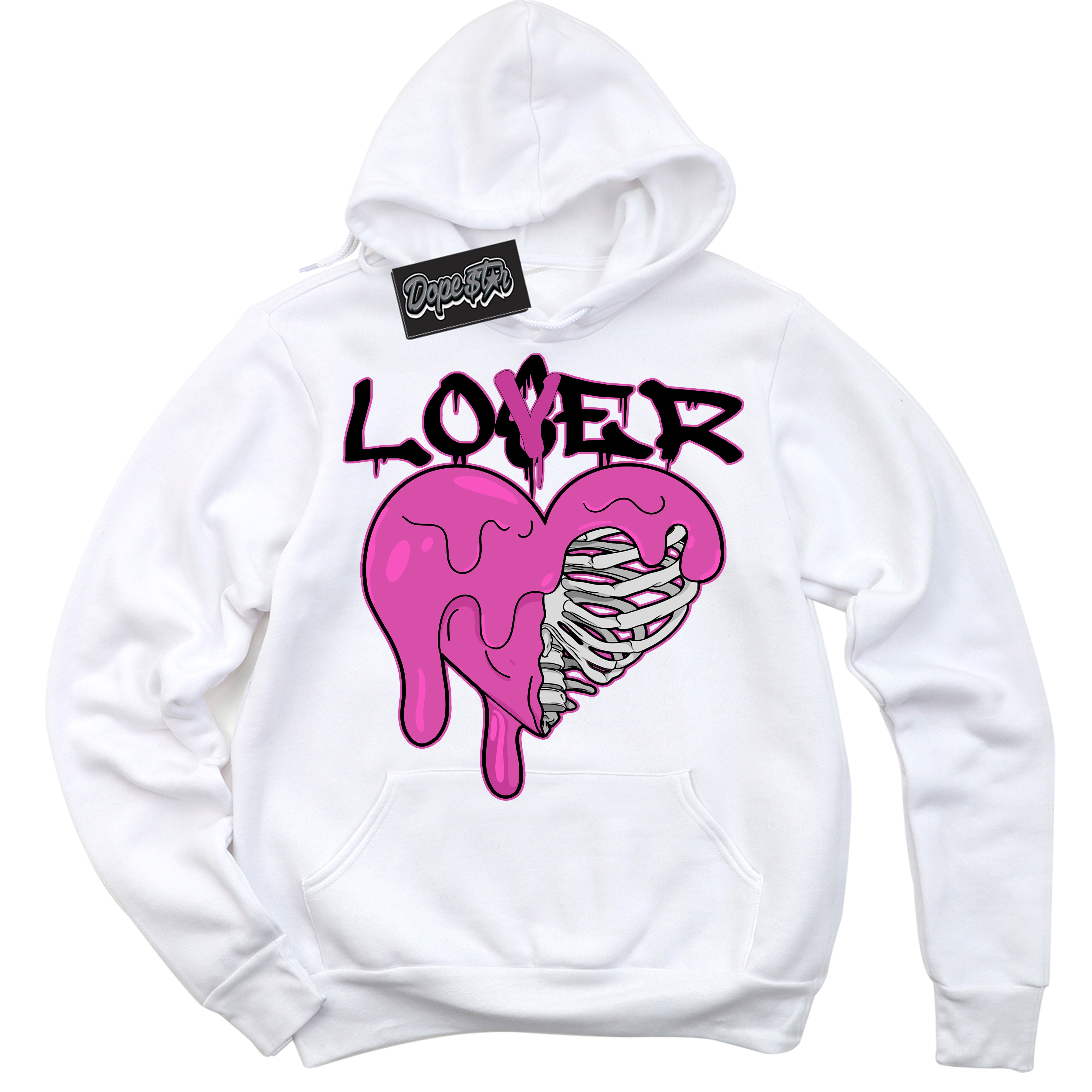 White Hoodie with playful pink and black "Lover Loser" graphic, made to match Air Max 1 Valentine's Day sneakers | Sneaker Shirts Outlet