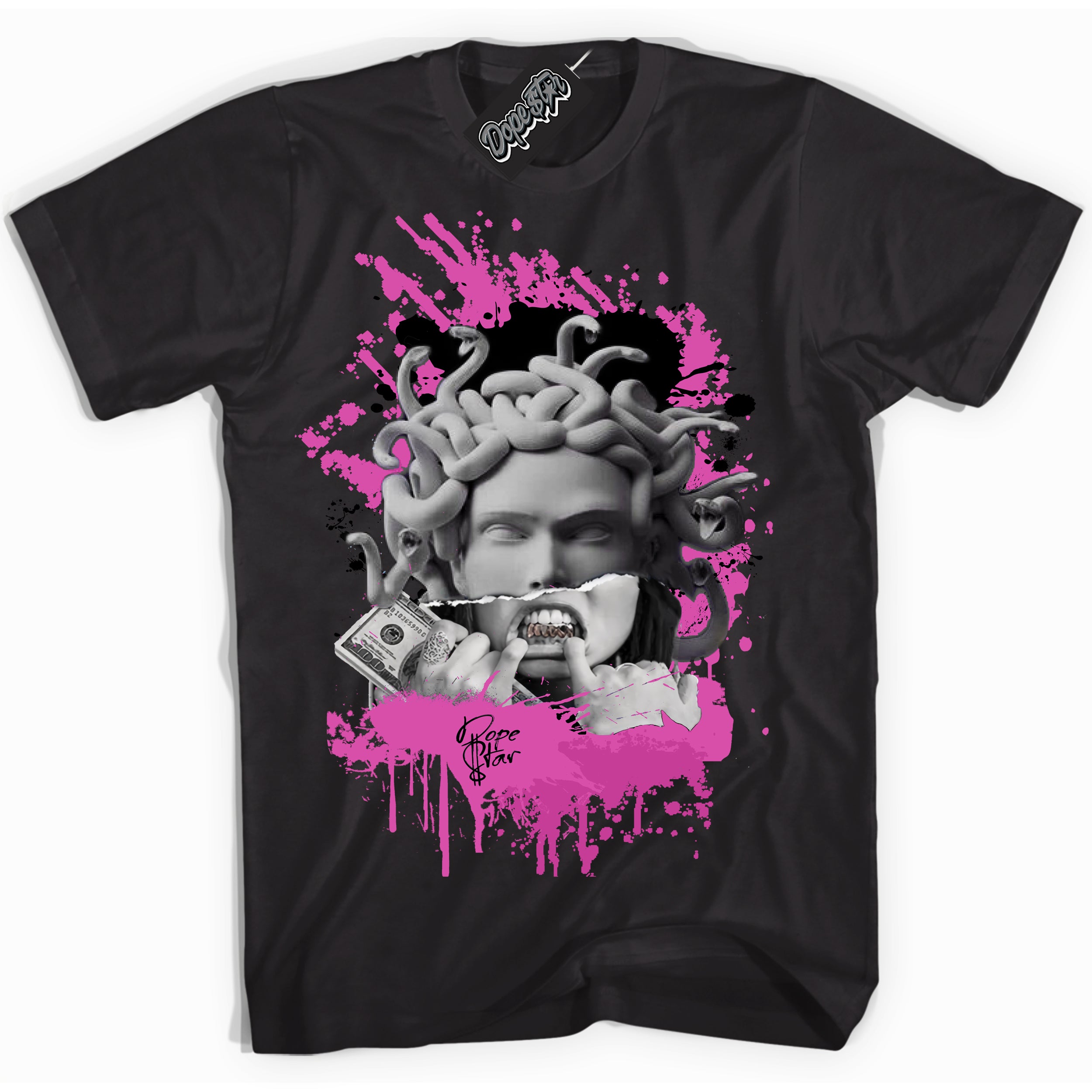 Black T-shirt with playful pink and black "Medusa" graphic, made to match Air Max 1 Valentine's Day sneakers | Sneaker Shirts Outlet