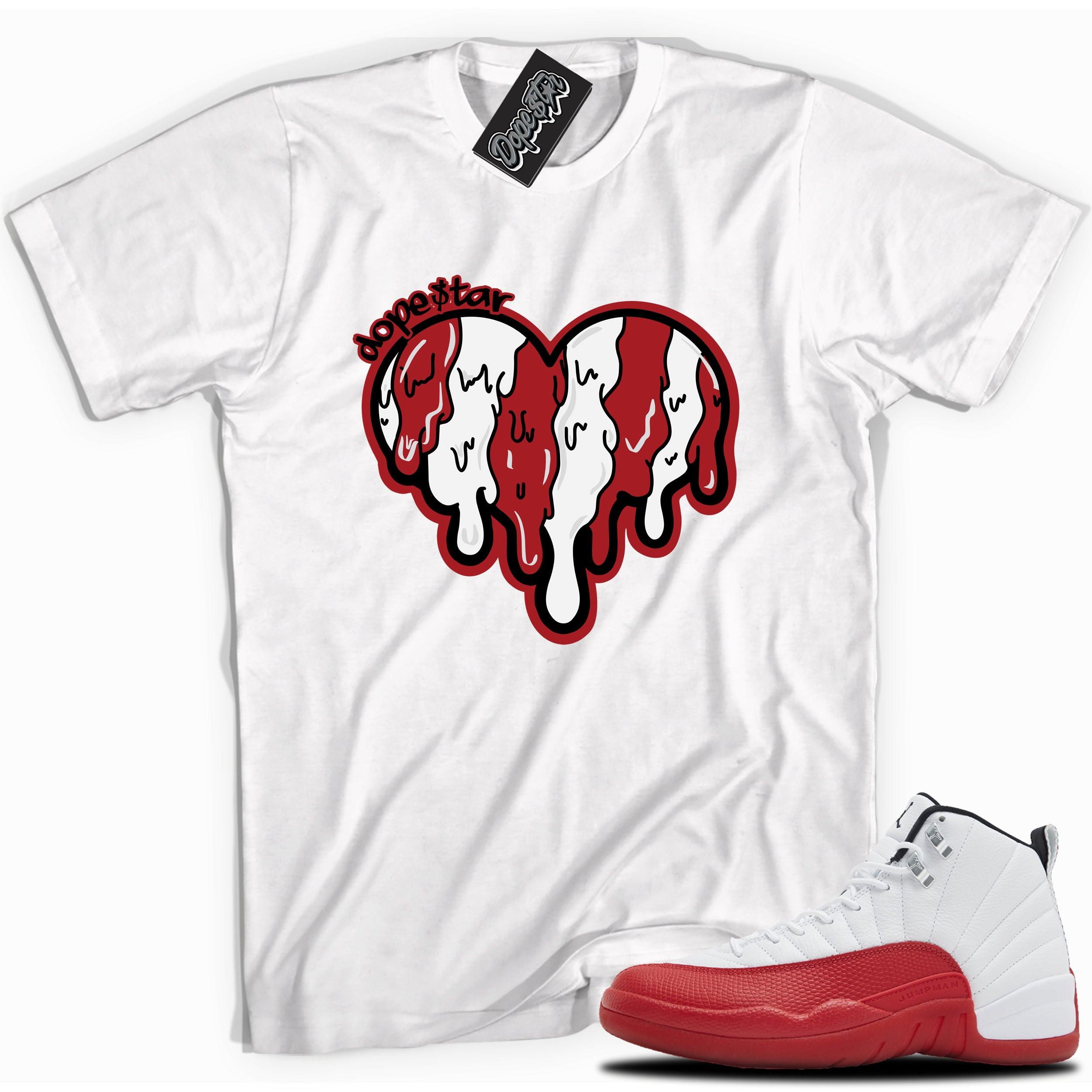 Cool White graphic tee with “ MELTING HEART” print, that perfectly matches Air Jordan 12 Retro Cherry Red 2023 red and white sneakers