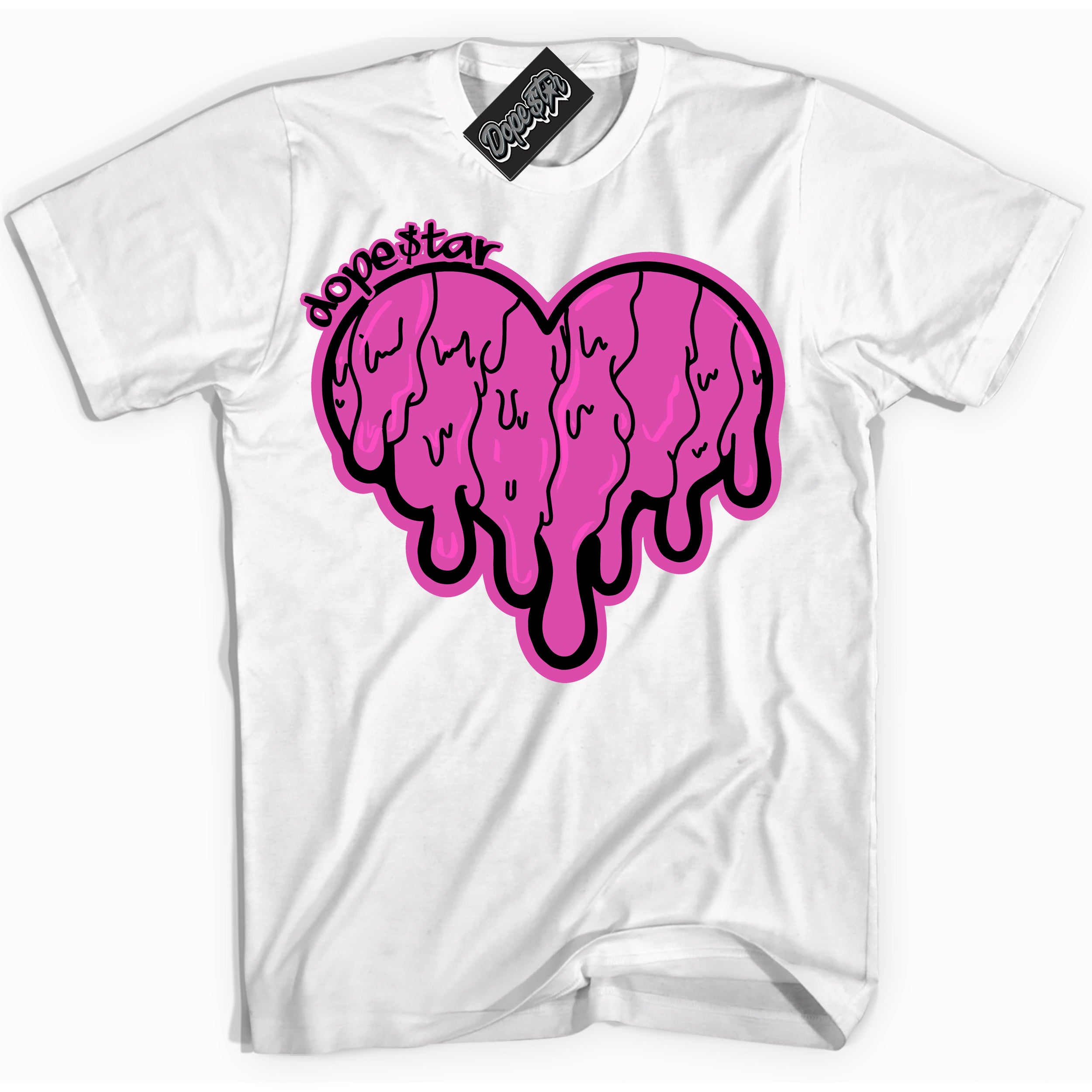 White T-shirt with playful pink and black "Melting Heart" graphic, made to match Air Max 1 Valentine's Day sneakers | Sneaker Shirts Outlet