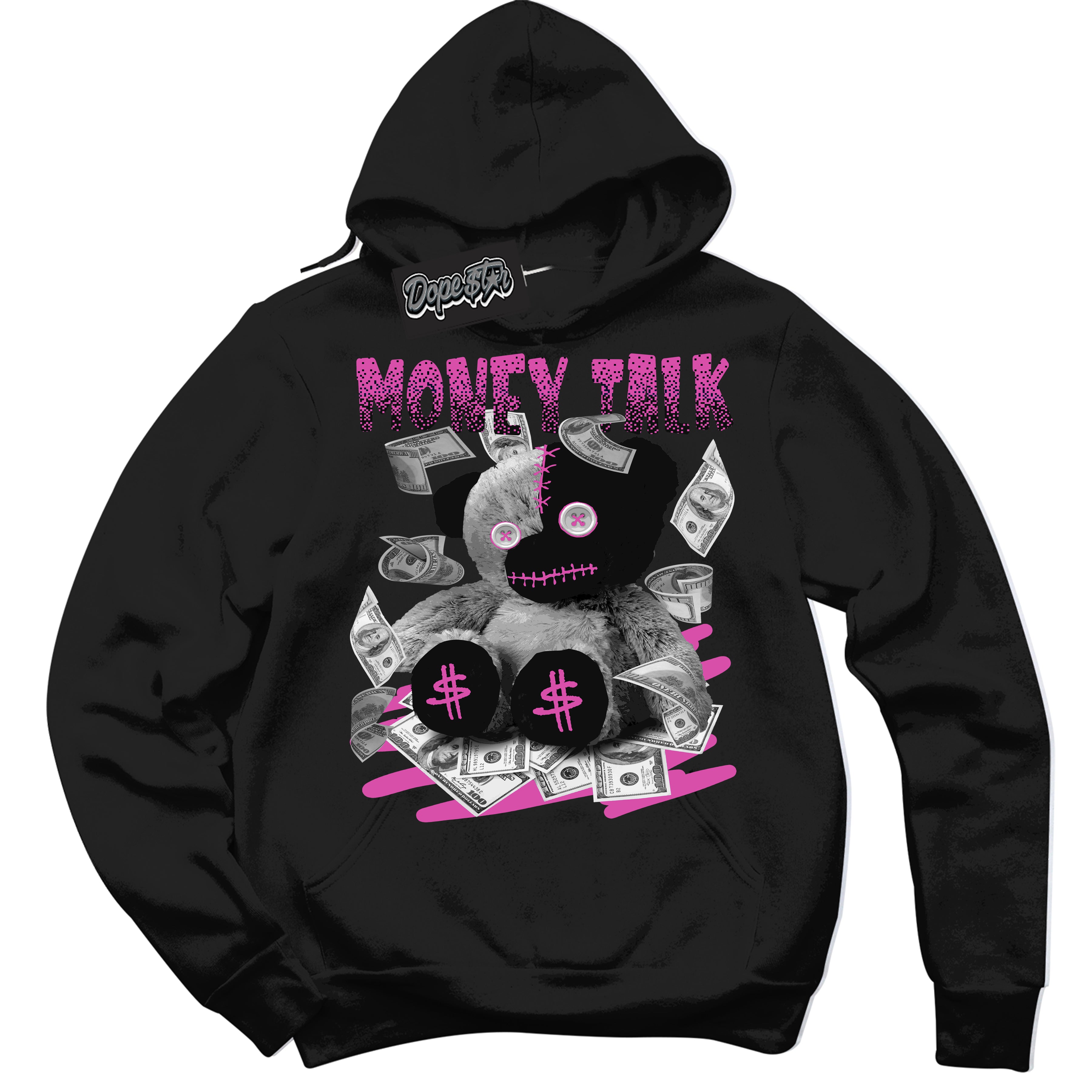 Black Hoodie with playful pink and black "Money Talk Bear" graphic, made to match Air Max 1 Valentine's Day sneakers | Sneaker Shirts Outlet
