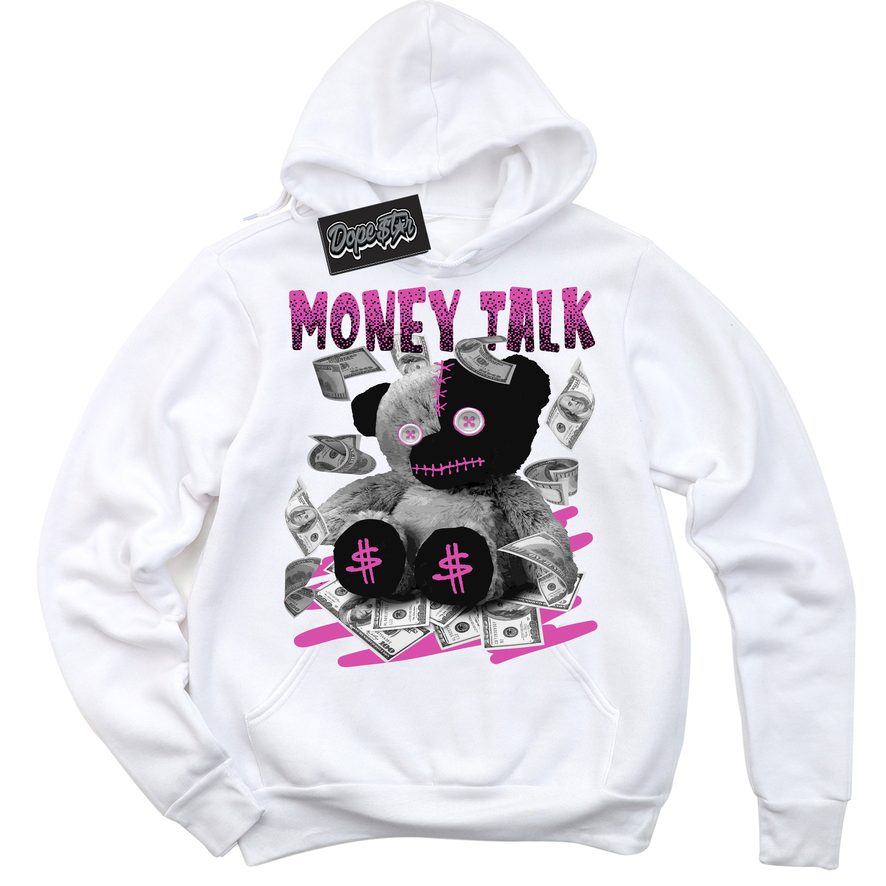 White Hoodie with playful pink and black "Money Talk Bear" graphic, made to match Air Max 1 Valentine's Day sneakers | Sneaker Shirts Outlet