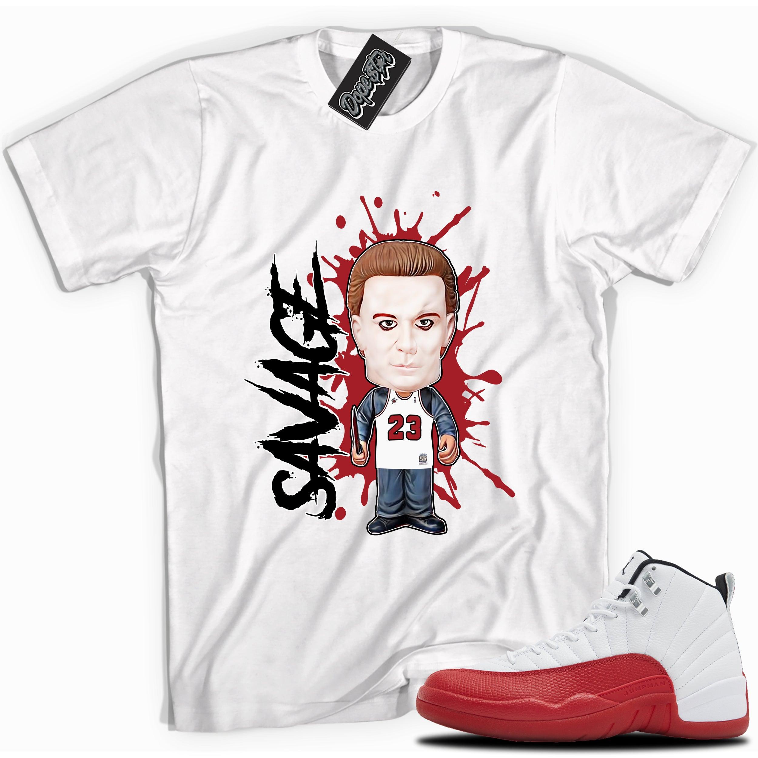 Cool White graphic tee with “ Michael Myers Savage” print, that perfectly matches Air Jordan 12 Retro Cherry Red 2023 red and white sneakers