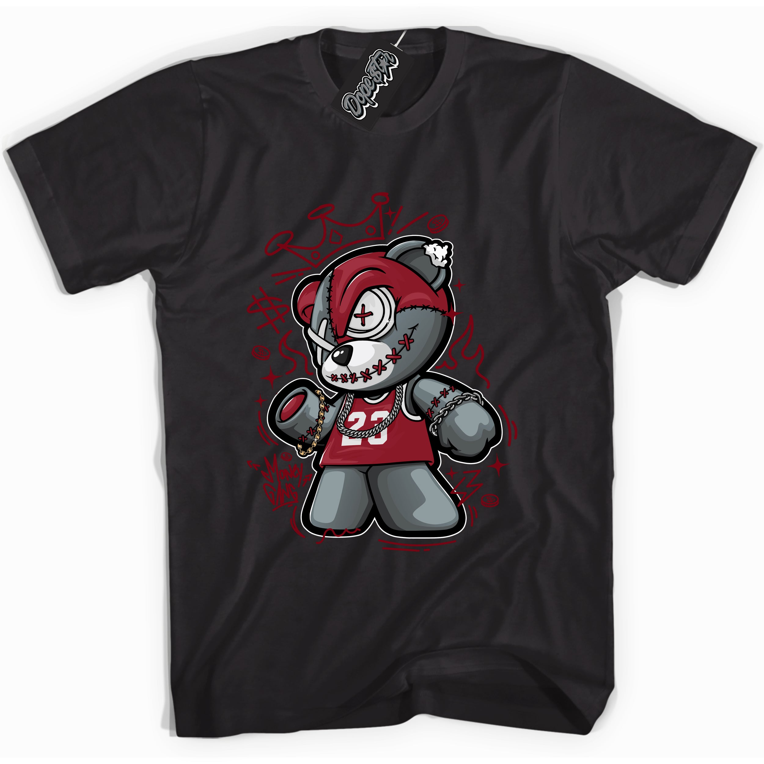 Cool Black graphic tee with “ Money Gang Bear ” print, that perfectly matches OG Metallic Burgundy 1s sneakers