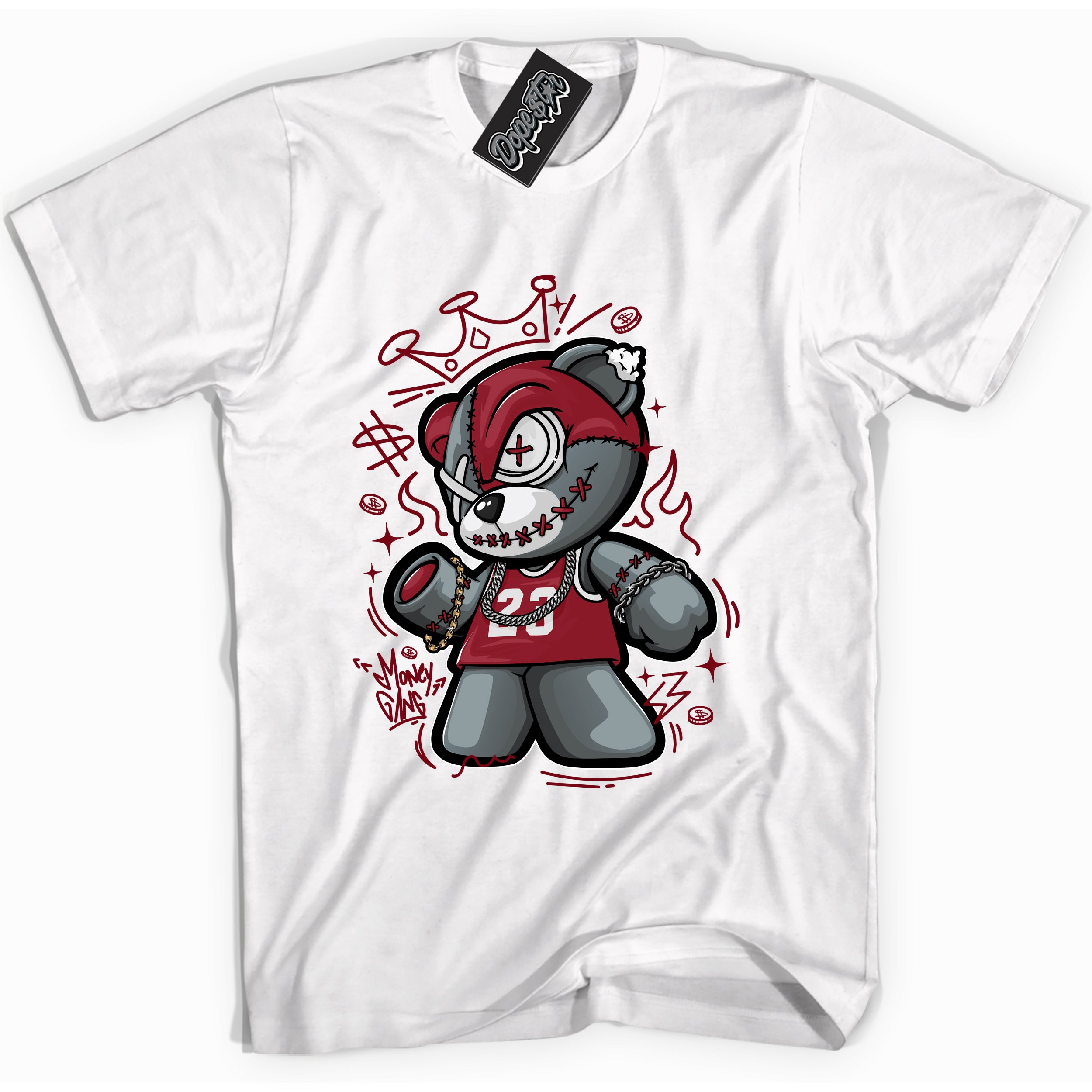 Cool White graphic tee with “ Money Gang Bear ” print, that perfectly matches OG Metallic Burgundy 1s sneakers