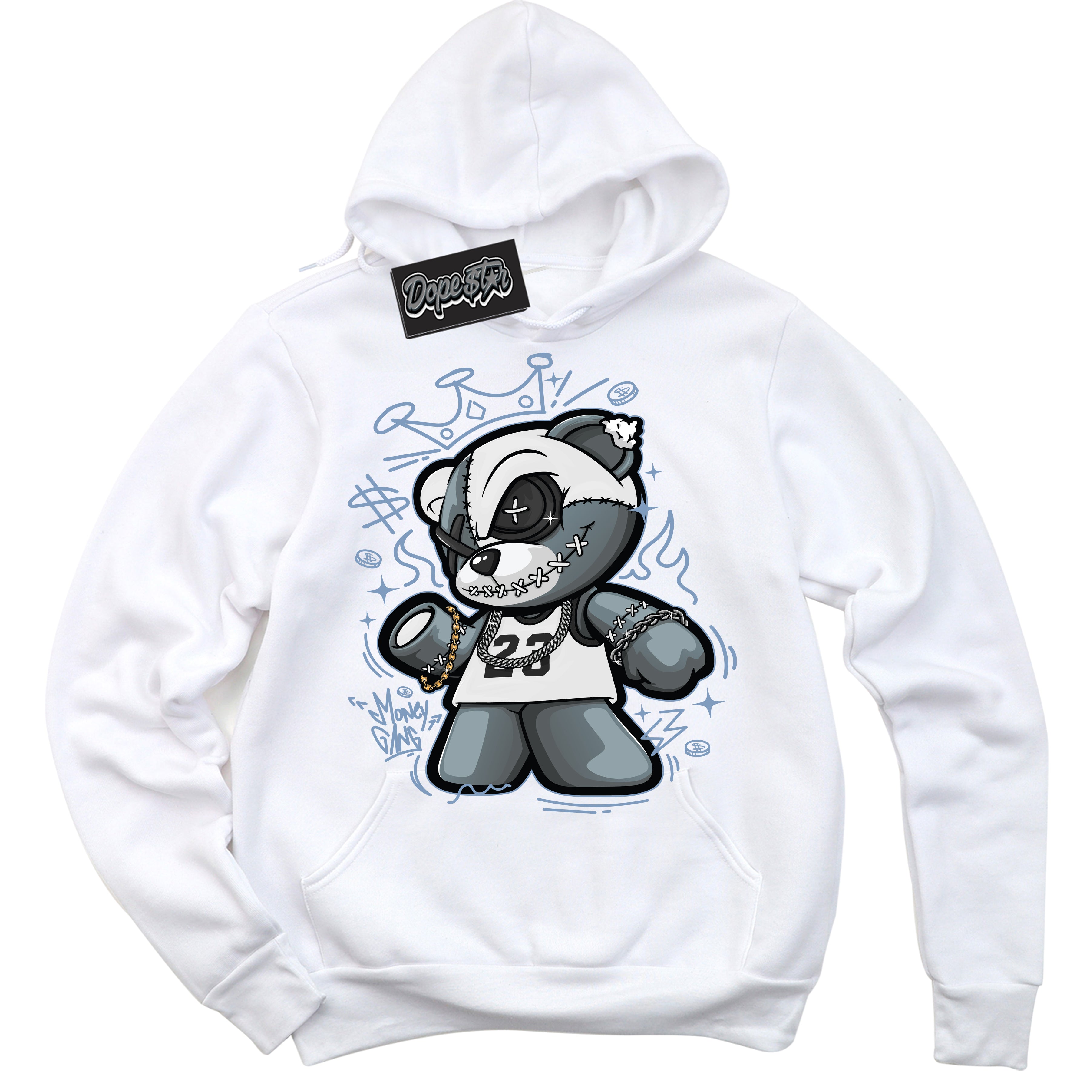 Cool White Hoodie with “ Money Gang Bear ”  design that Perfectly Matches Reverse Oreo 6s Sneakers.