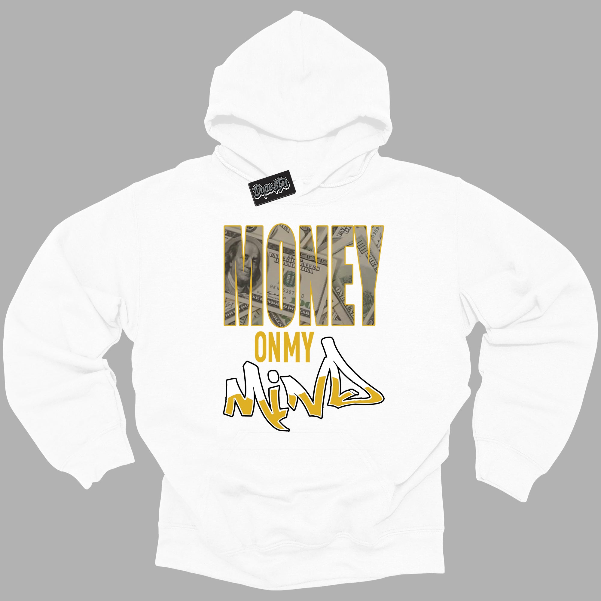 Cool White Hoodie with “ Money On My Mind ”  design that Perfectly Matches Yellow Ochre 6s Sneakers.