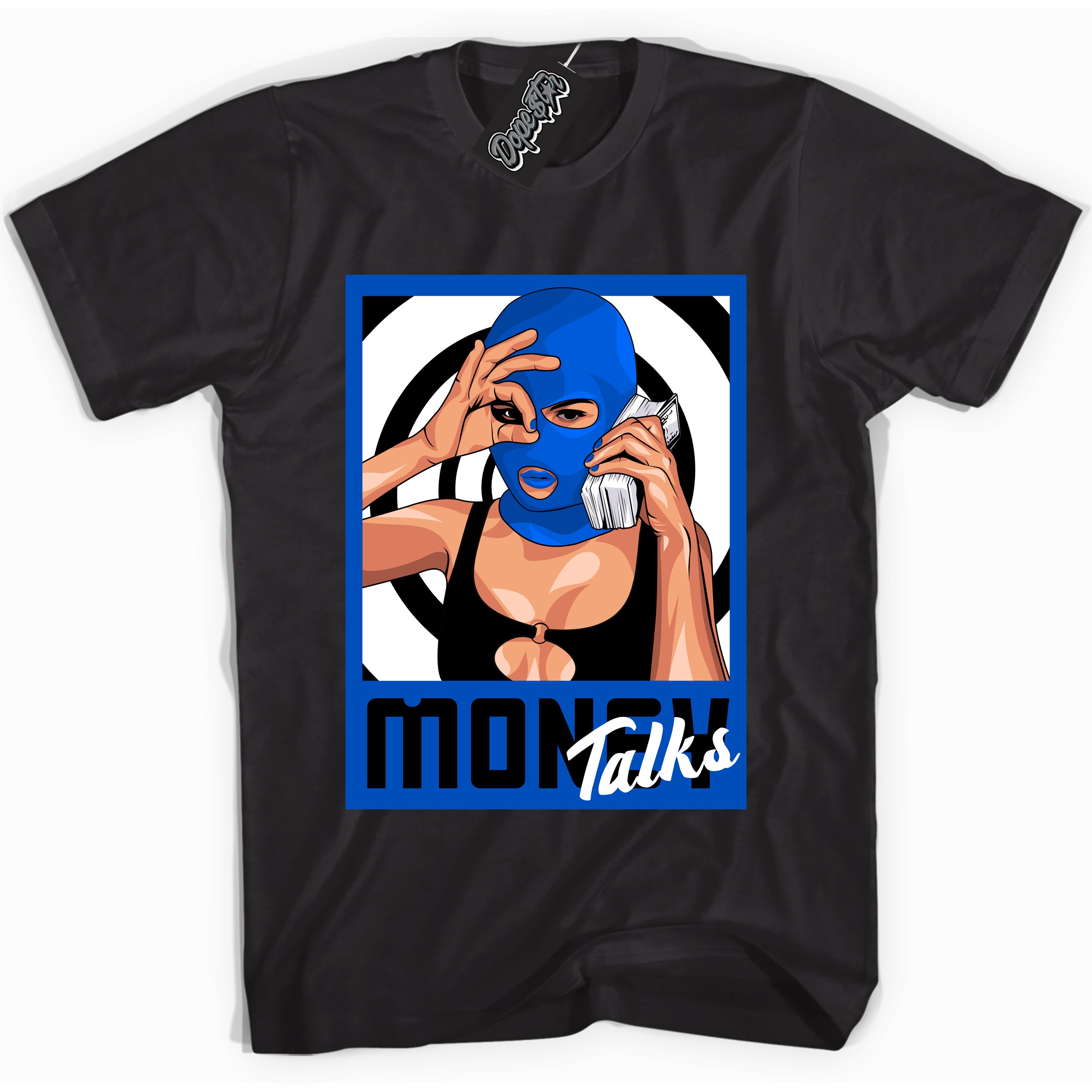 Cool Black graphic tee with Money Talks print, that perfectly matches OG Royal Reimagined 1s sneakers