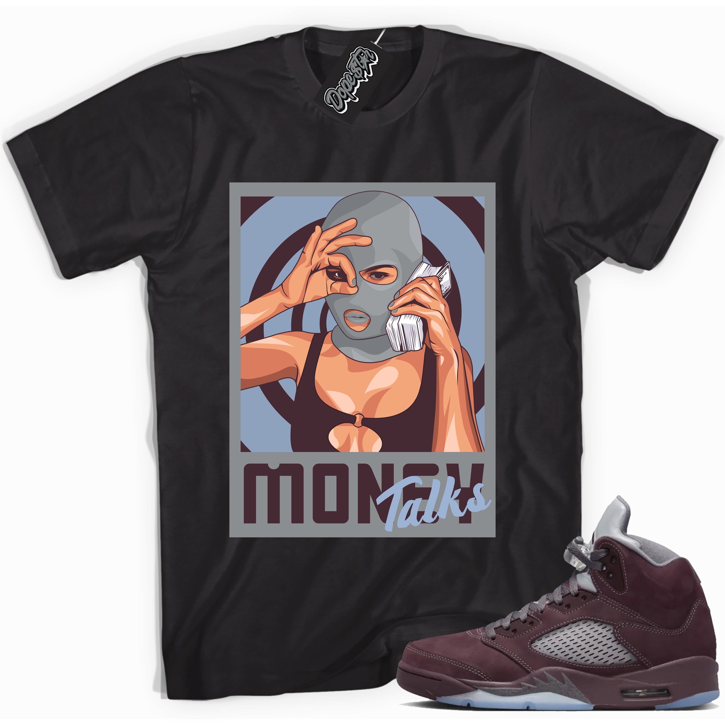 Cool Black graphic tee with “ Money Talks ” print, that perfectly matches Air Jordan 5 Burgundy 2023 sneakers