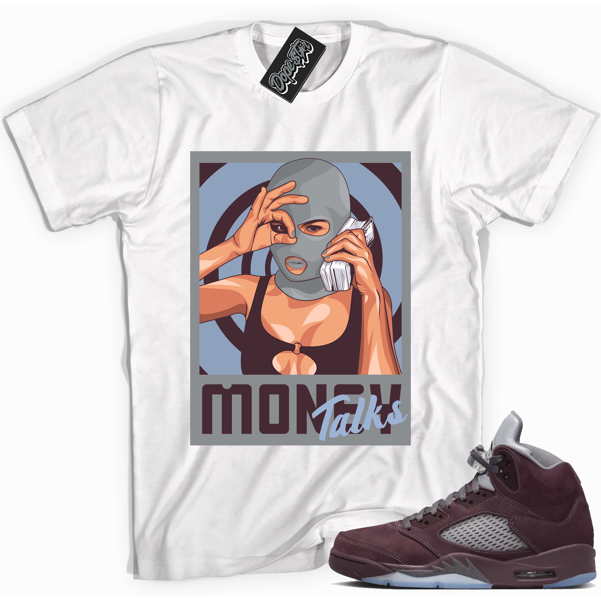 Cool White graphic tee with “ Money Talks ” print, that perfectly matches Air Jordan 5 Burgundy 2023 sneakers