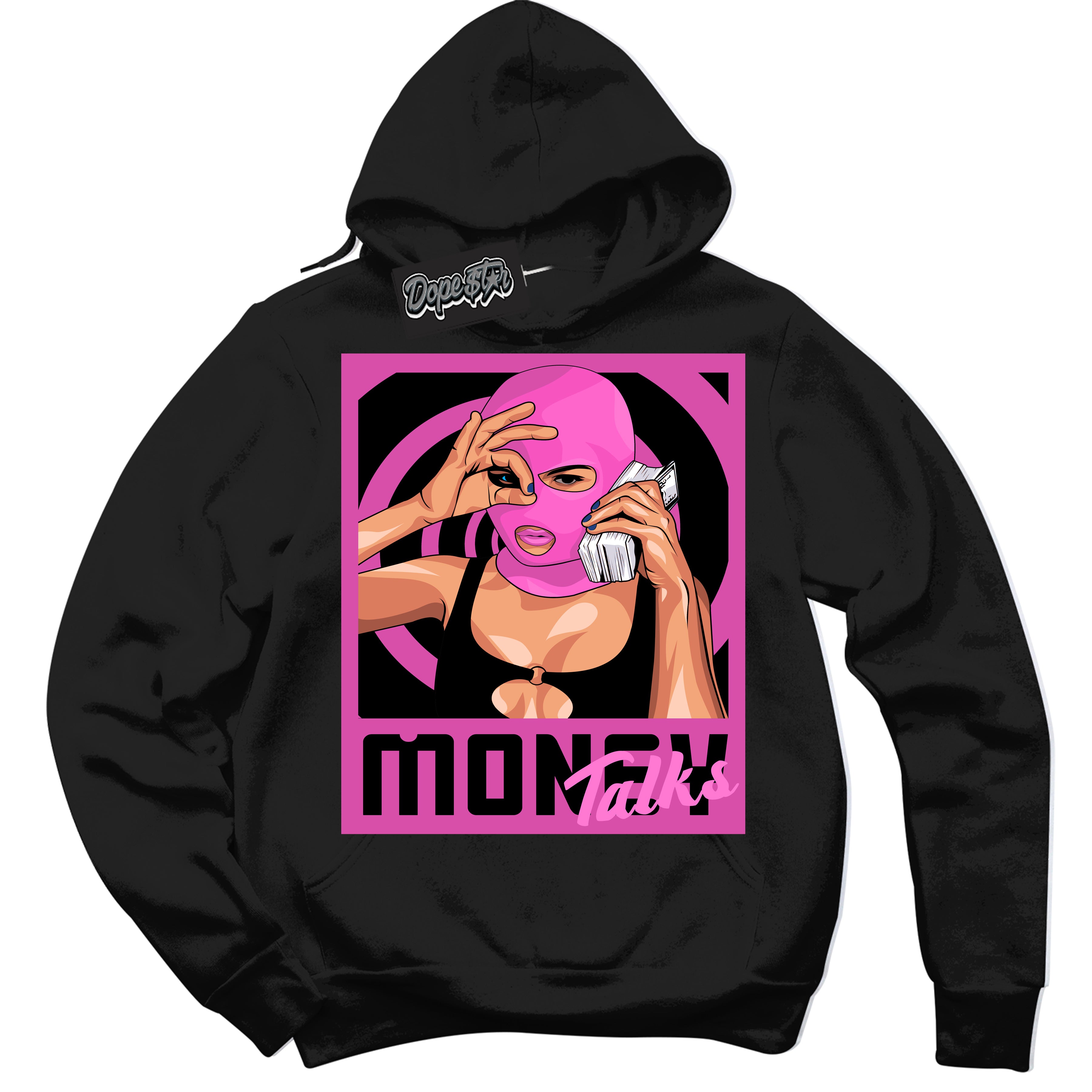 Black Hoodie with playful pink and black "Money Talks" graphic, made to match Air Max 1 Valentine's Day sneakers | Sneaker Shirts Outlet