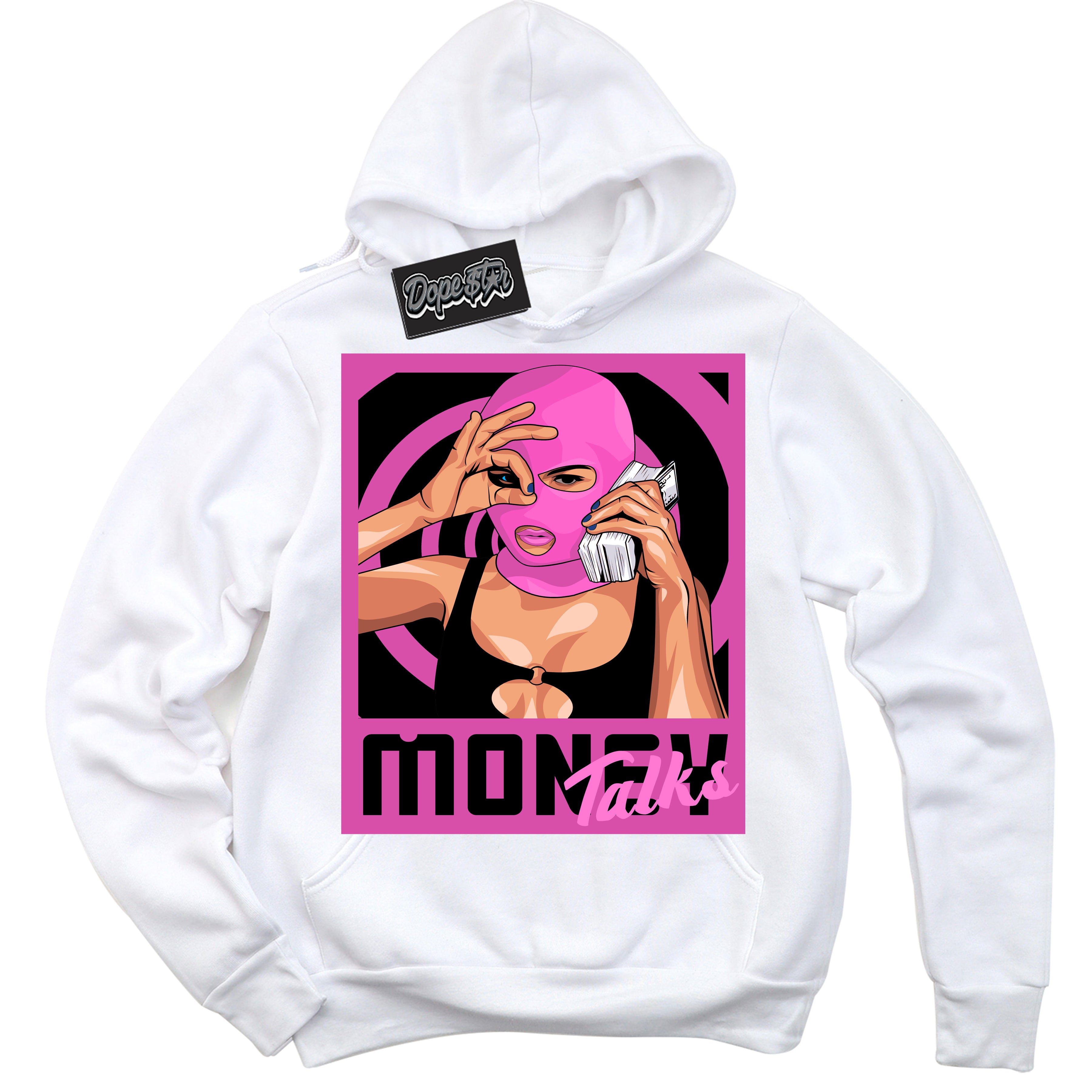 White Hoodie with playful pink and black "Money Talks" graphic, made to match Air Max 1 Valentine's Day sneakers | Sneaker Shirts Outlet
