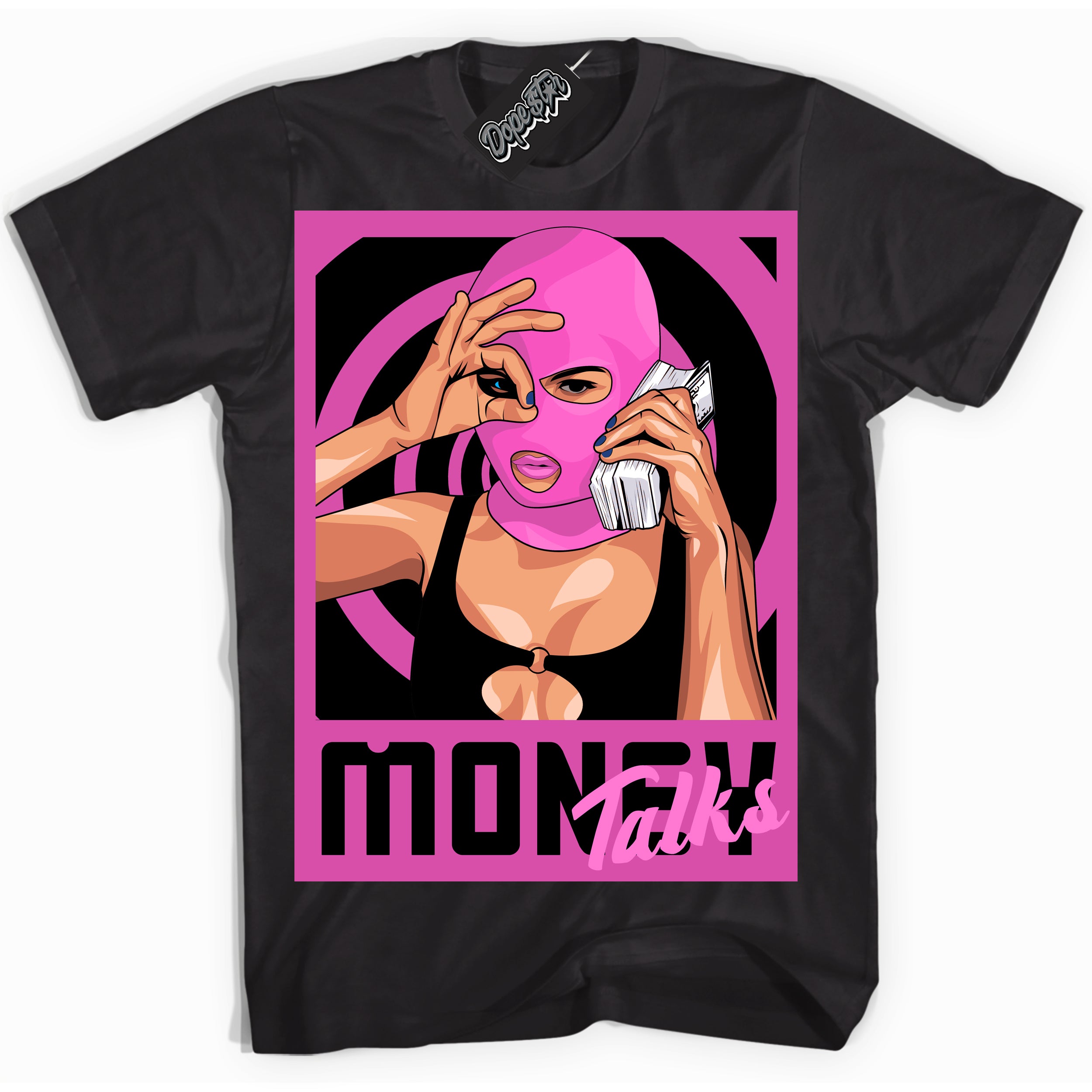 Black T-shirt with playful pink and black "Money Talks" graphic, made to match Air Max 1 Valentine's Day sneakers | Sneaker Shirts Outlet