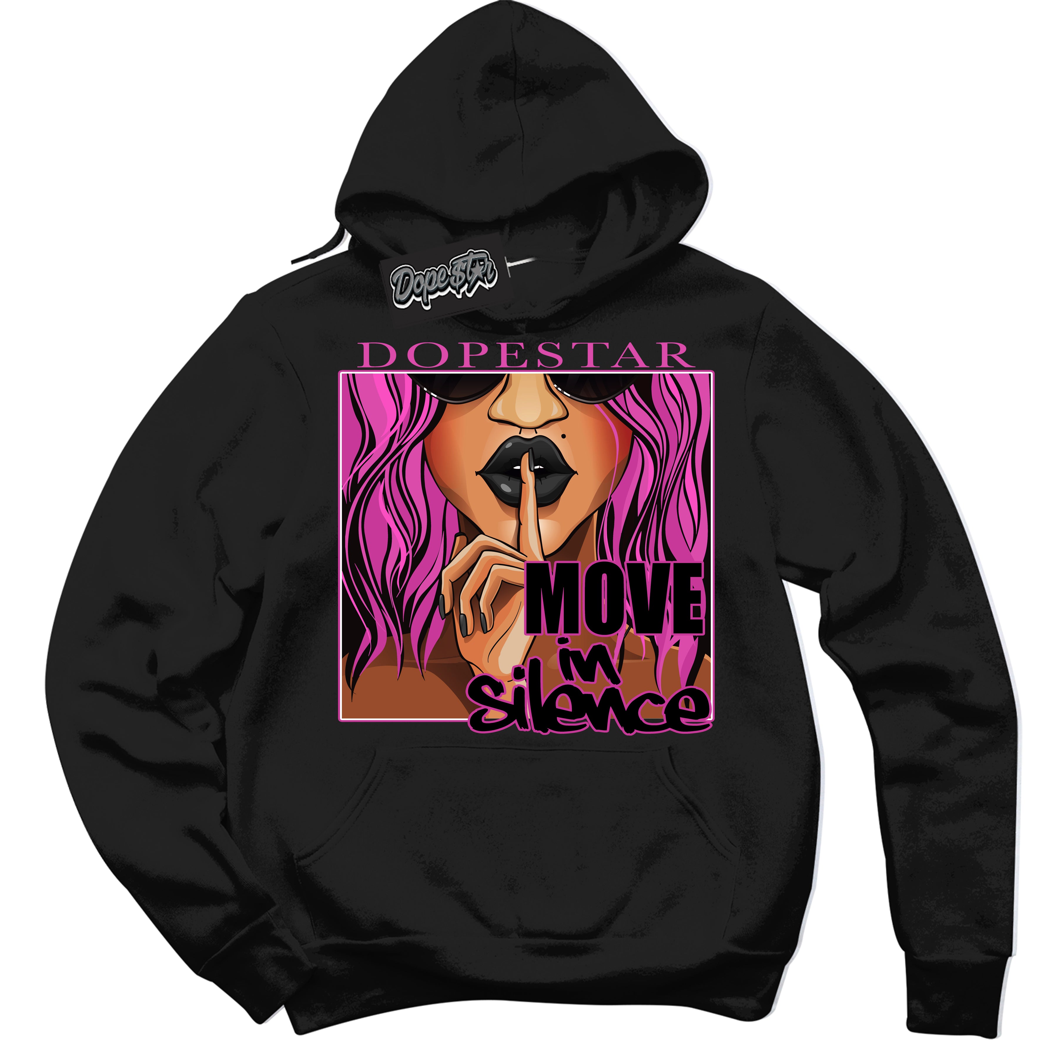 Black Hoodie with playful pink and black "Move In Silence" graphic, made to match Air Max 1 Valentine's Day sneakers | Sneaker Shirts Outlet