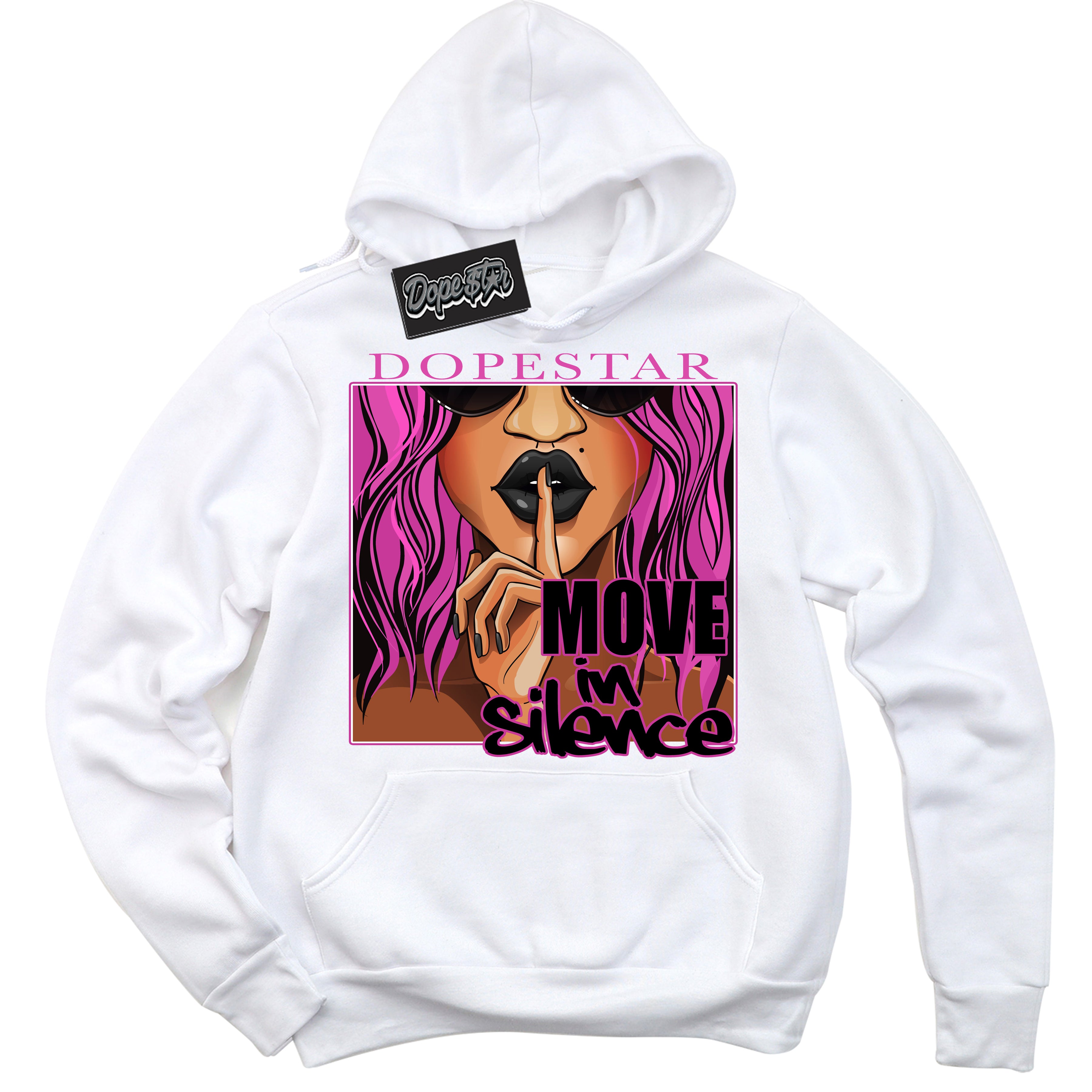White Hoodie with playful pink and black "Move In Silence" graphic, made to match Air Max 1 Valentine's Day sneakers | Sneaker Shirts Outlet