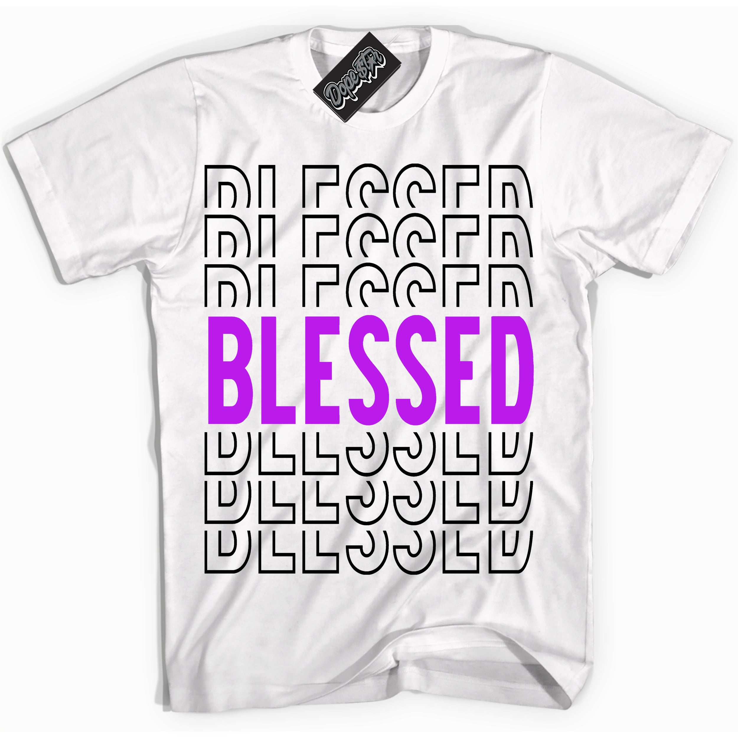 Cool White Shirt with “ Blessed Stacked” design that perfectly matches RTKT Genesis Dunk Sneakers.