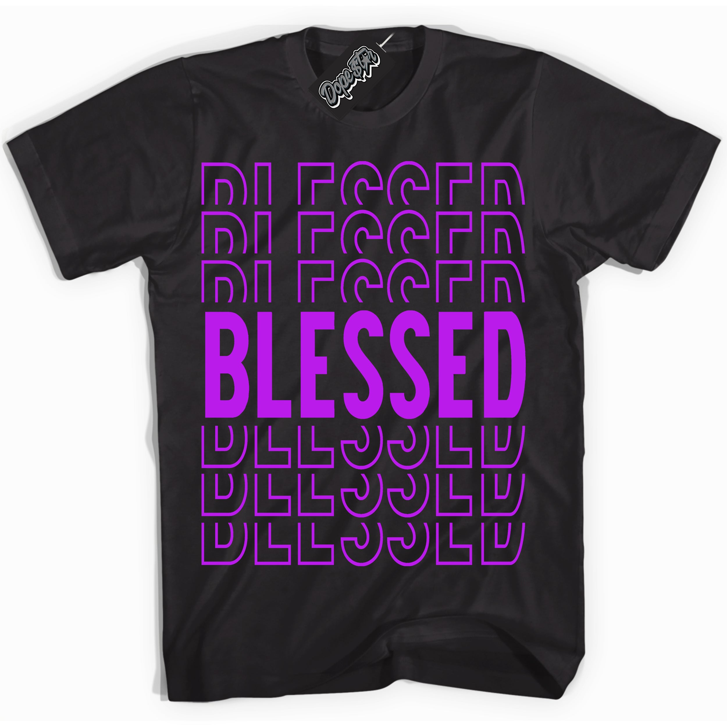 Cool Black Shirt with “ Blessed Stacked” design that perfectly matches RTKT Genesis Dunk Sneakers.
