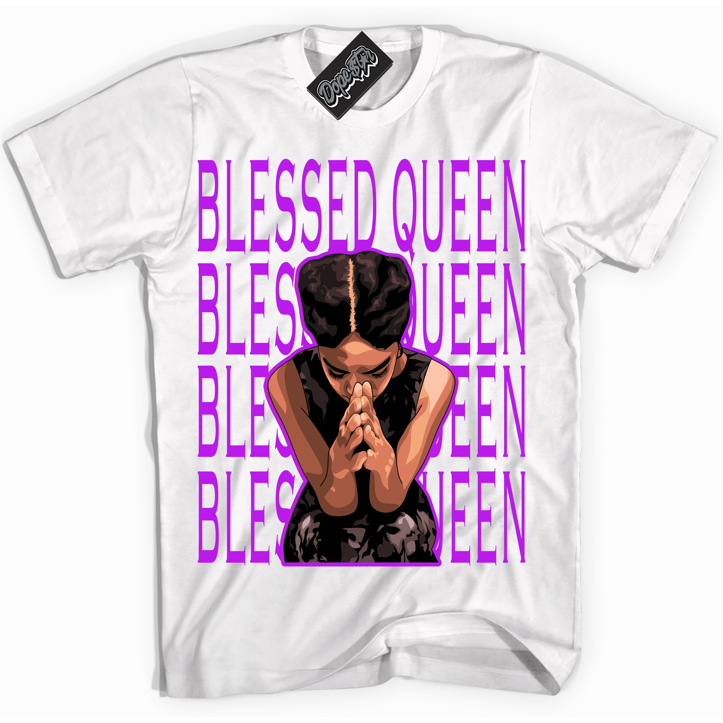 Cool White Shirt with “ Blessed Queen” design that perfectly matches RTKT Genesis Dunk Sneakers.