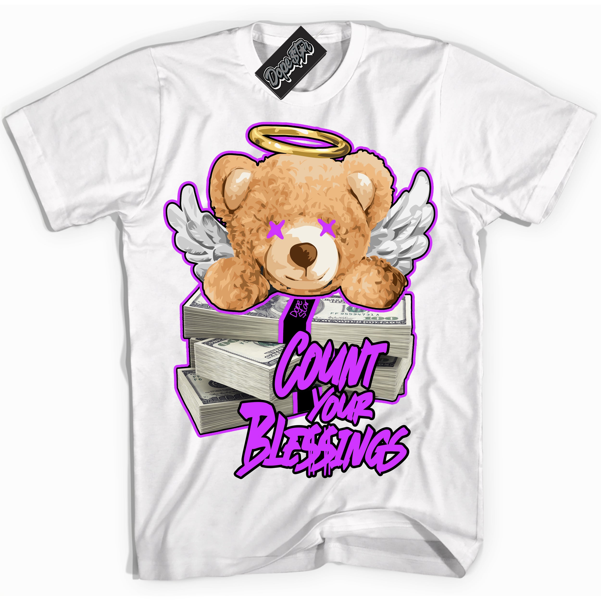 Cool White Shirt with “ Count Your Blessings” design that perfectly matches RTKT Genesis Dunk Sneakers.