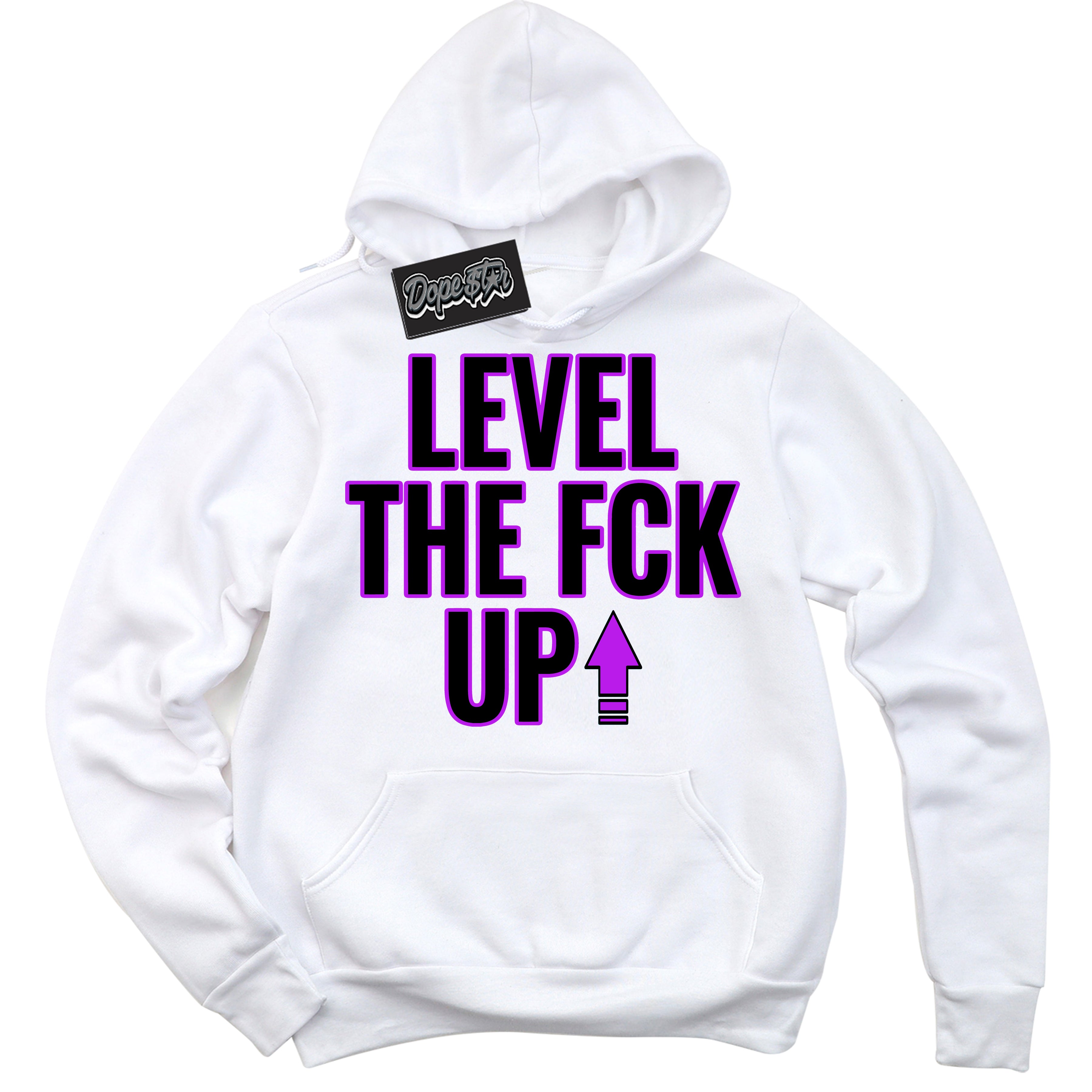 Cool White Hoodie with “ Level The Fck Up ”  design that Perfectly Matches RTKT Genesis Dunk Sneakers.