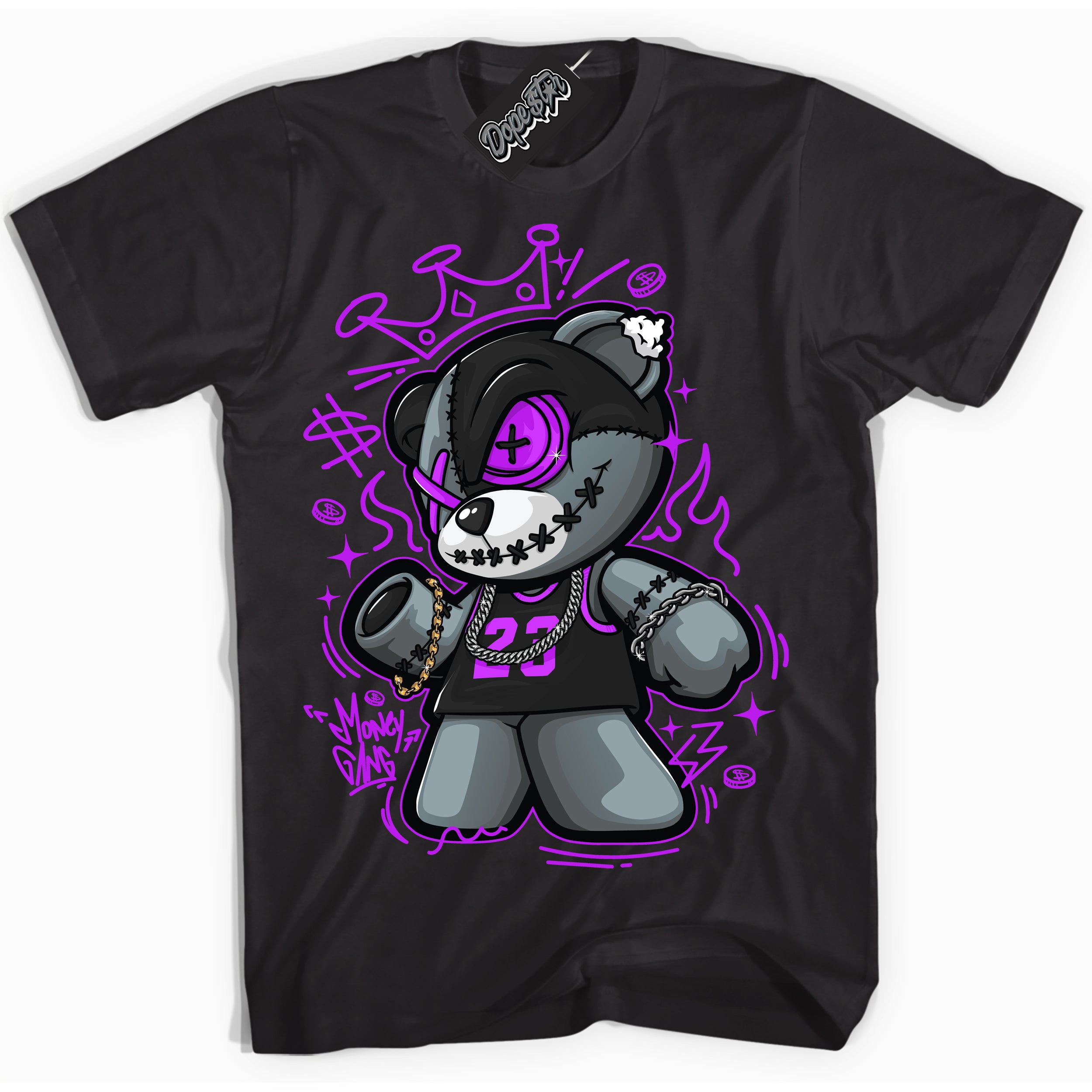 Cool Black Shirt with “ Money Gang Bear” design that perfectly matches RTKT Genesis Dunk Sneakers.
