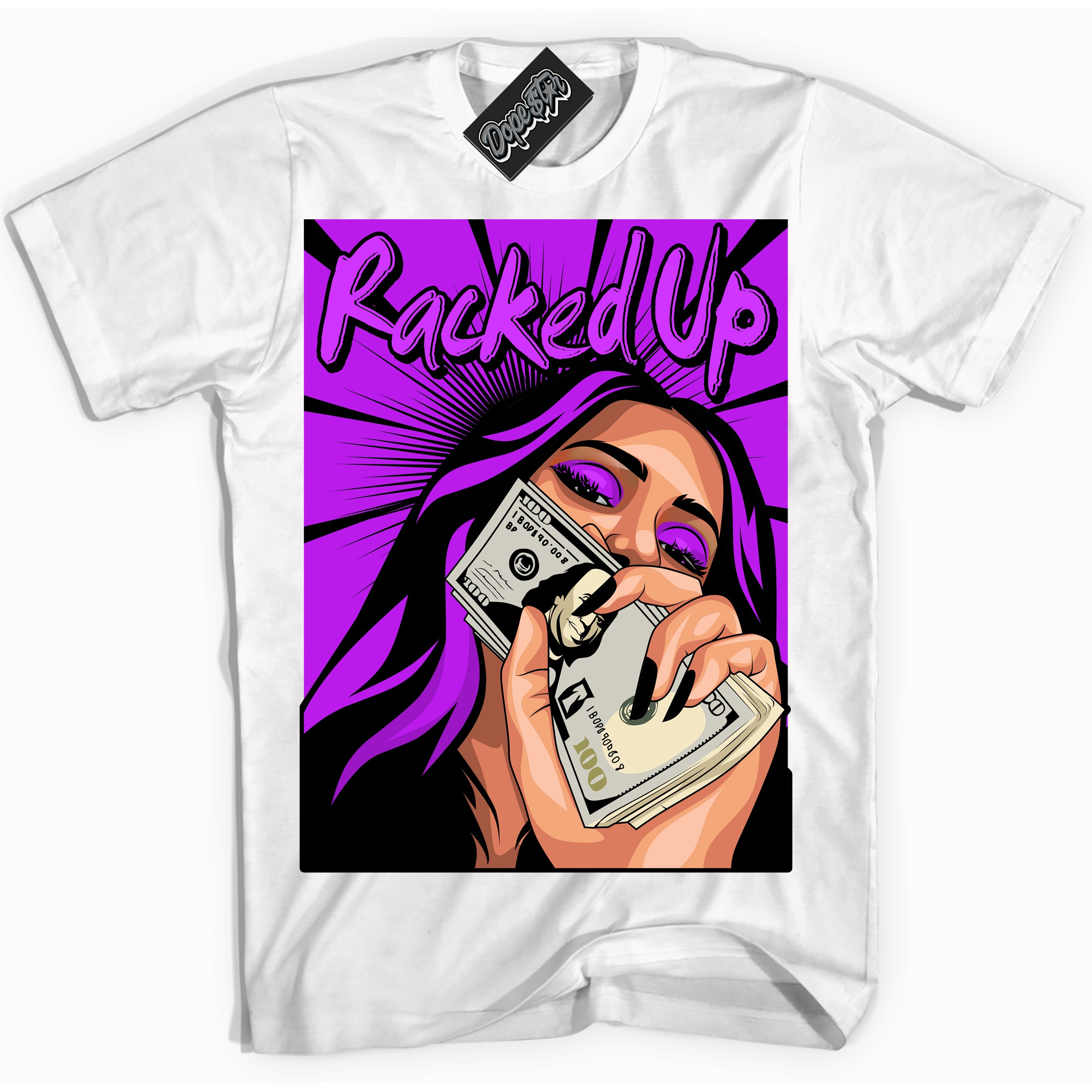 Cool White Shirt with “ Racked Up” design that perfectly matches RTKT Genesis Dunk Sneakers.