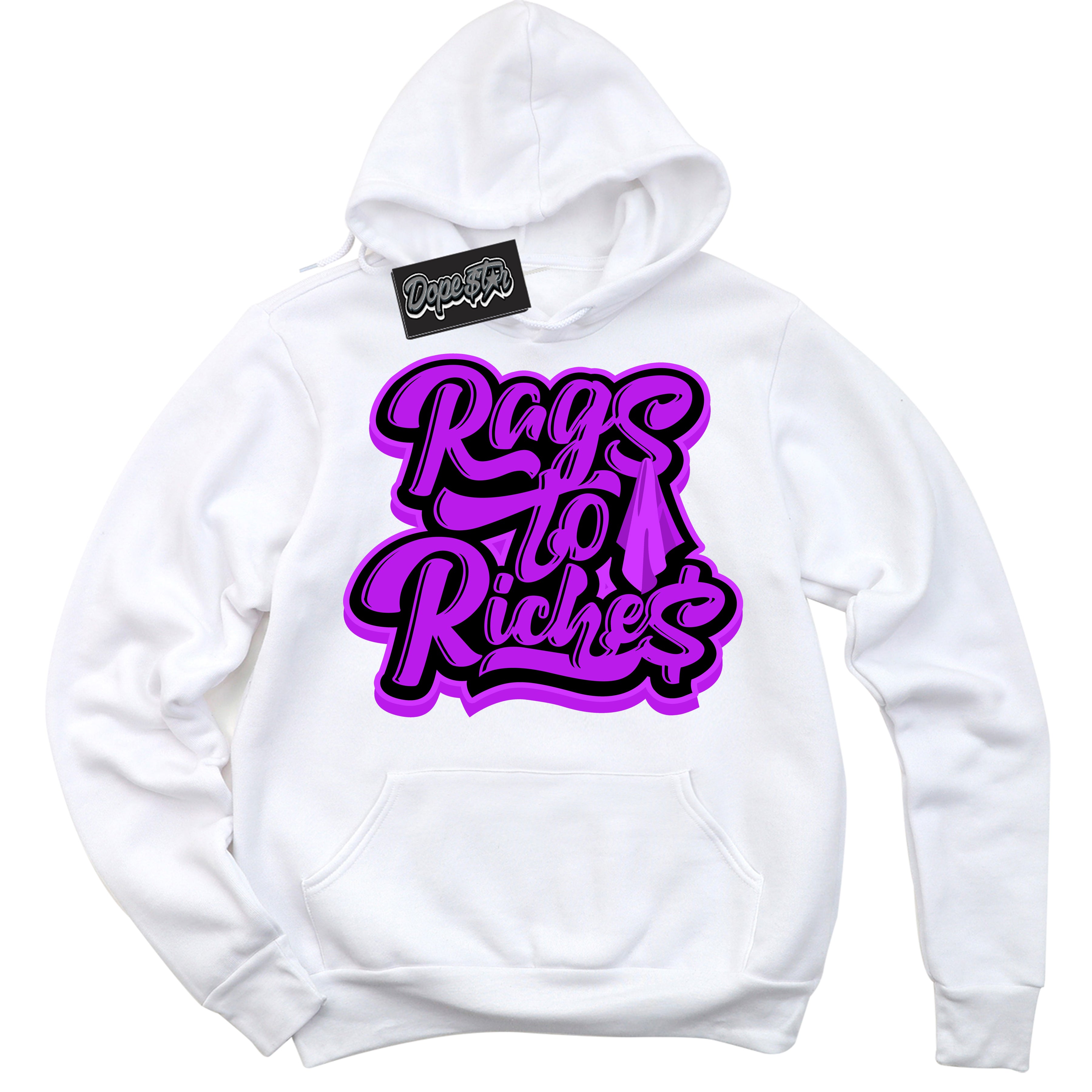 Cool White Hoodie with “ Rags To Riches ”  design that Perfectly Matches RTKT Genesis Dunk Sneakers.