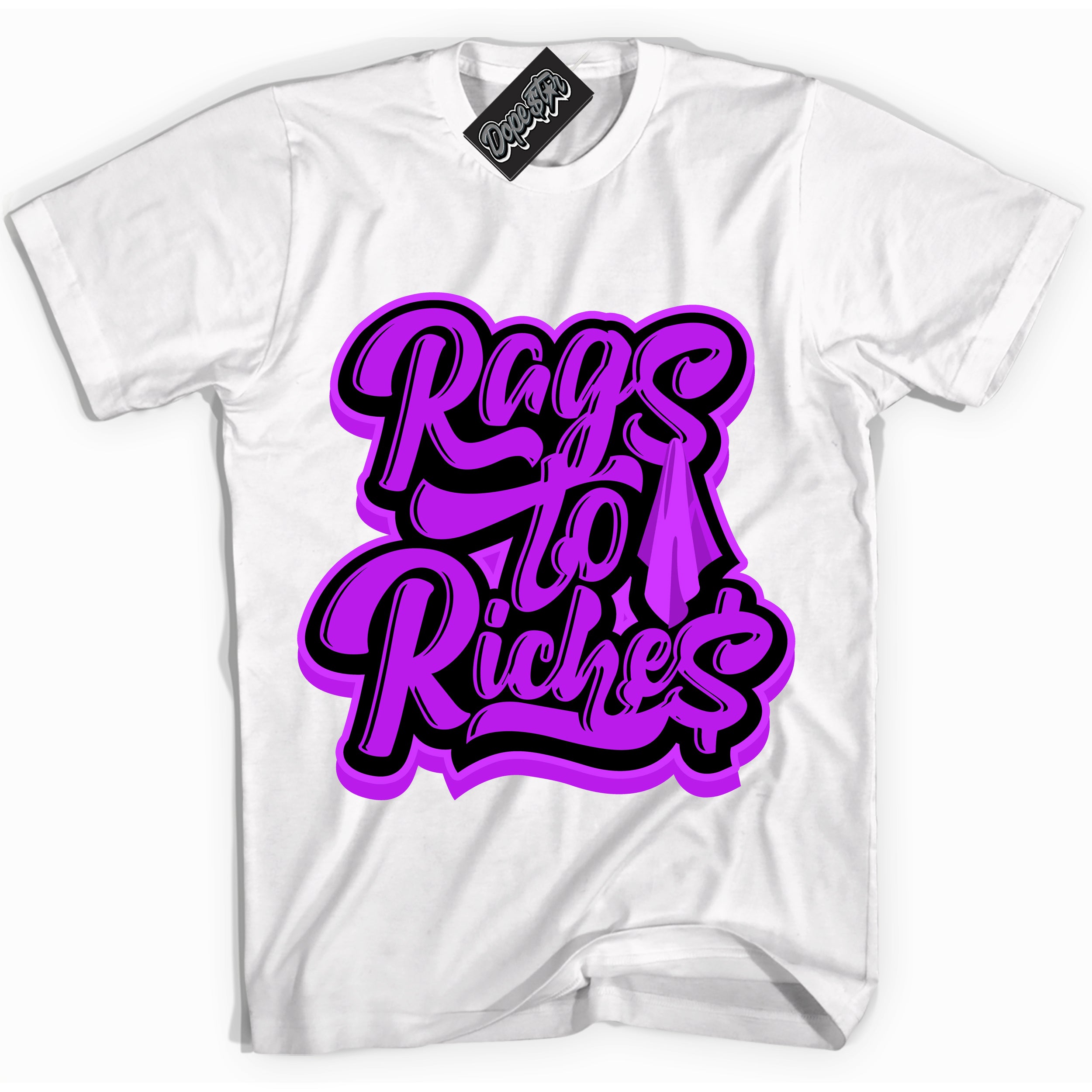 Cool White Shirt with “ Rags To Riches” design that perfectly matches RTKT Genesis Dunk Sneakers.