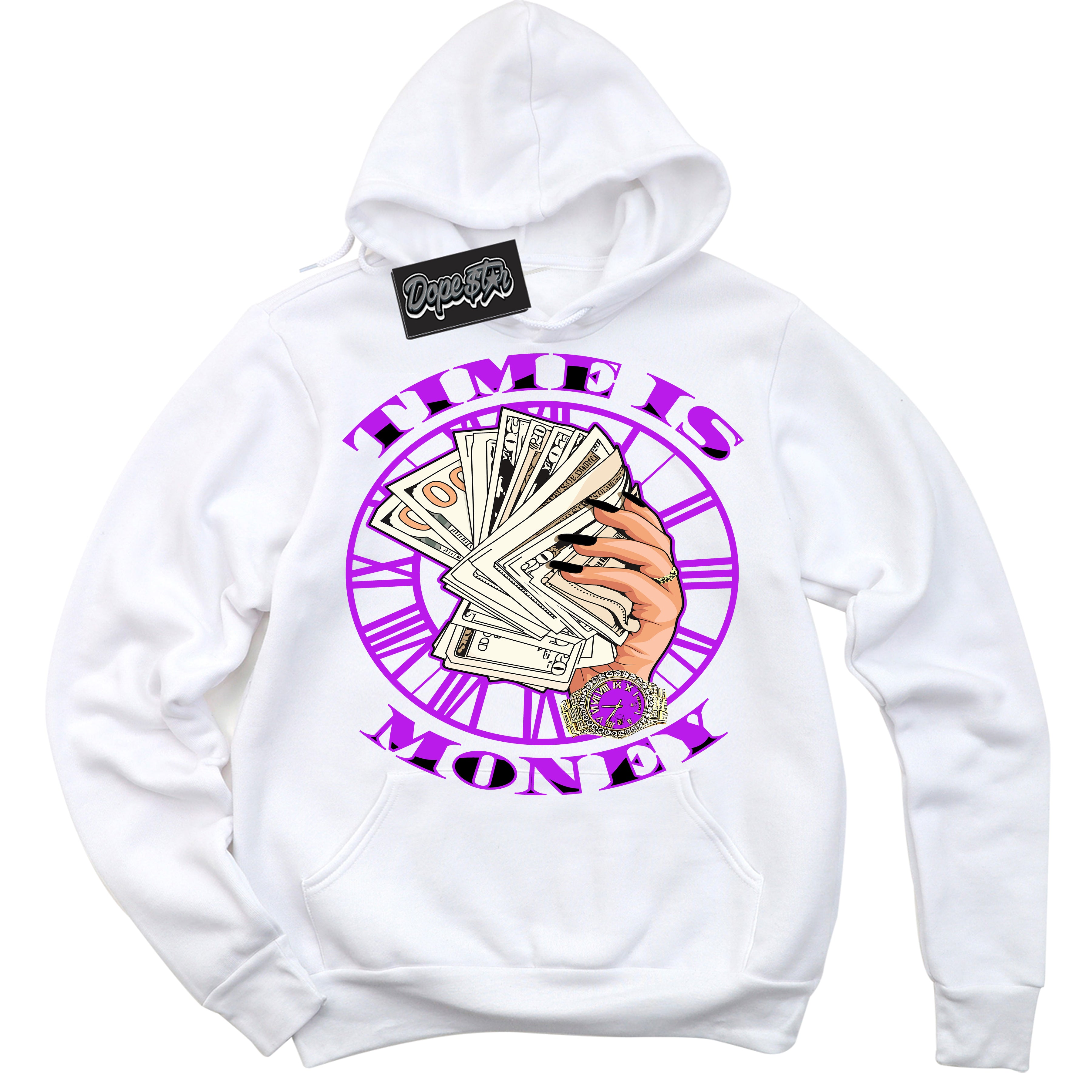 Cool White Hoodie with “ Time Is Money ”  design that Perfectly Matches RTKT Genesis Dunk Sneakers.