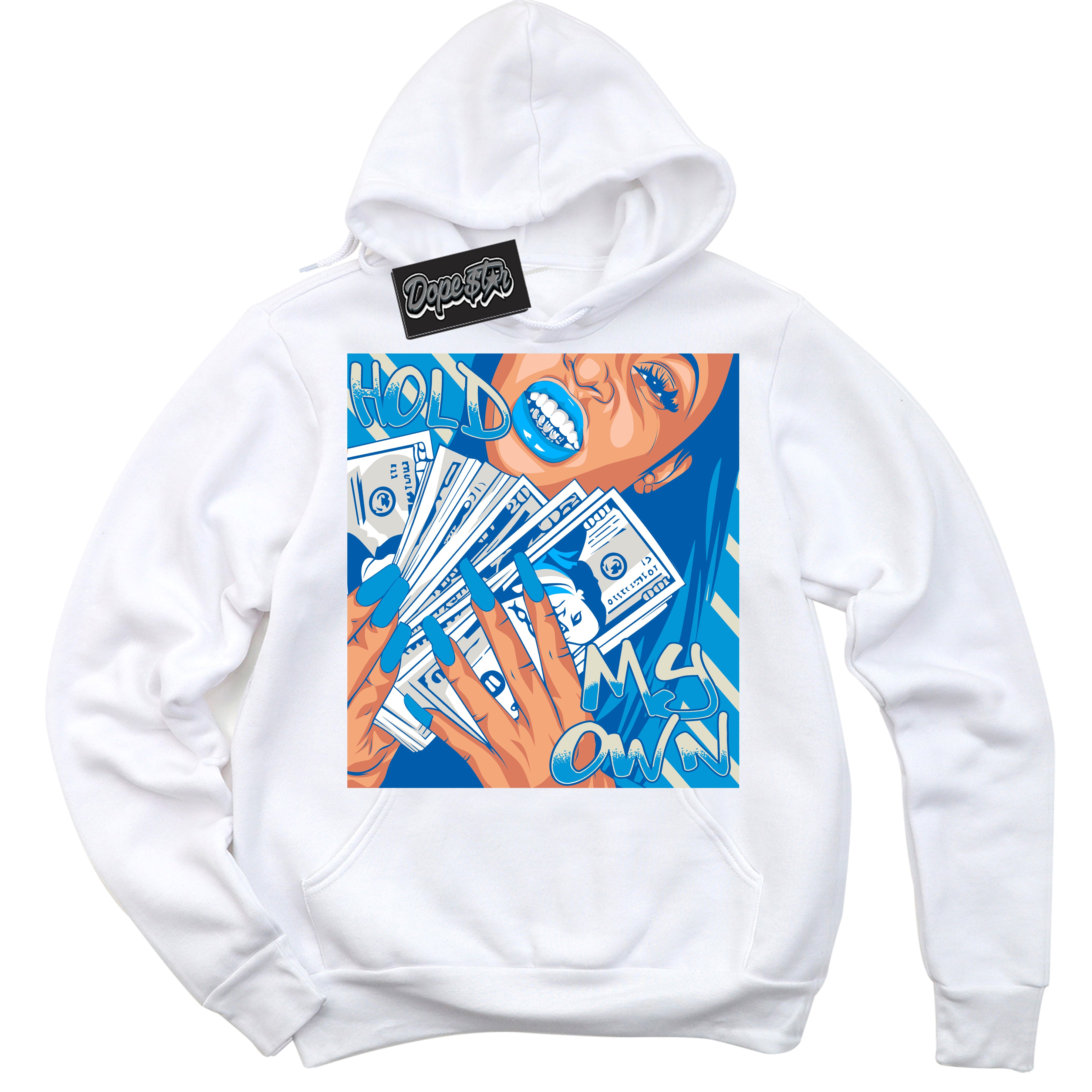 Dunk High Next Nature Light Khaki Star Blue 'Hold My Own' Hoodie – White Streetwear Sweatshirt | Sneaker Matching Hoodie for Dunk High Next Nature Light Khaki Star Blue | Urban Fashion for Hold My Own | Men's & Women's Streetwear Outfit by Sneaker Shirts Outlet.
