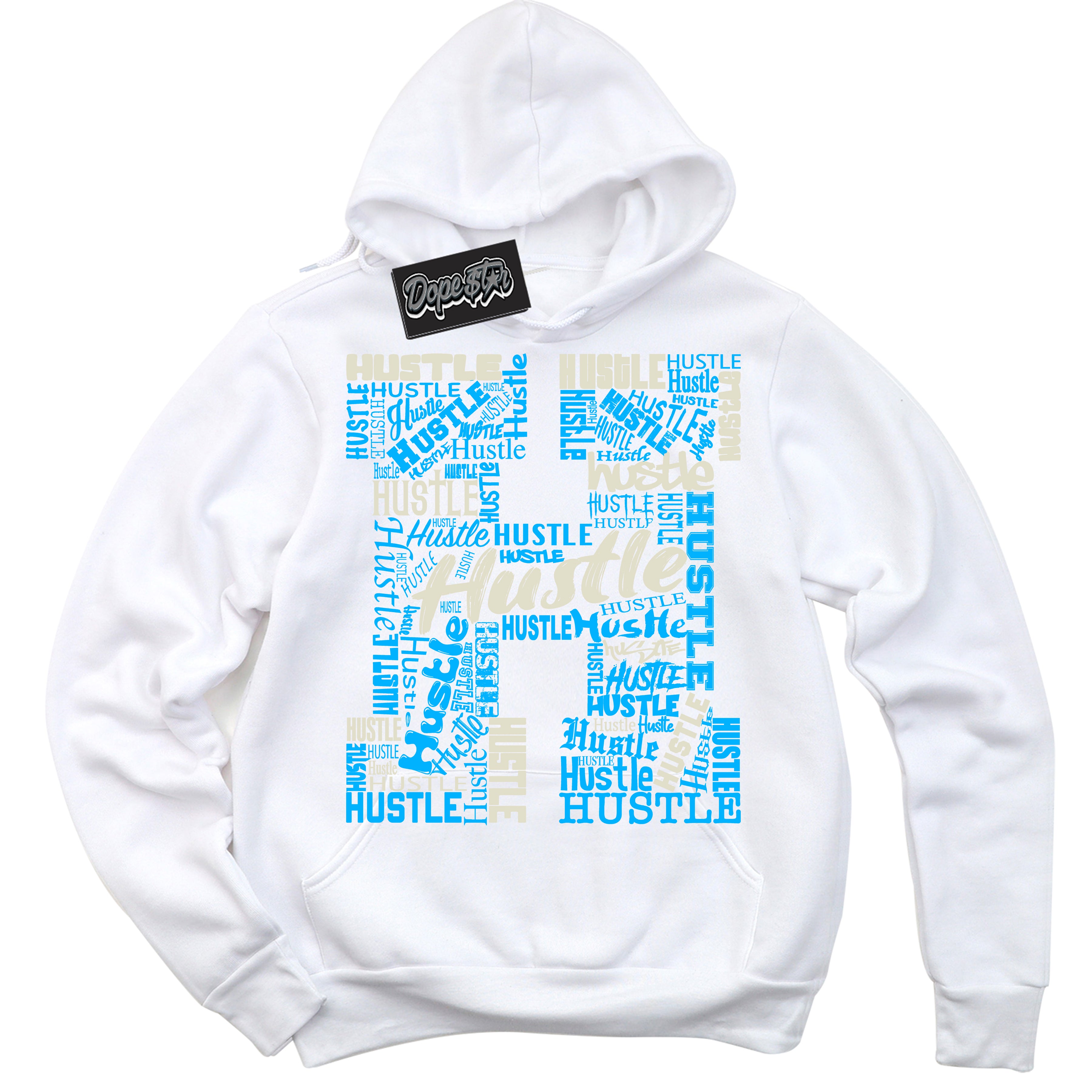 Dunk High Next Nature Light Khaki Star Blue 'Hustle H' Hoodie – White Streetwear Sweatshirt | Sneaker Matching Hoodie for Dunk High Next Nature Light Khaki Star Blue | Urban Fashion for Hustle H | Men's & Women's Streetwear Outfit by Sneaker Shirts Outlet.