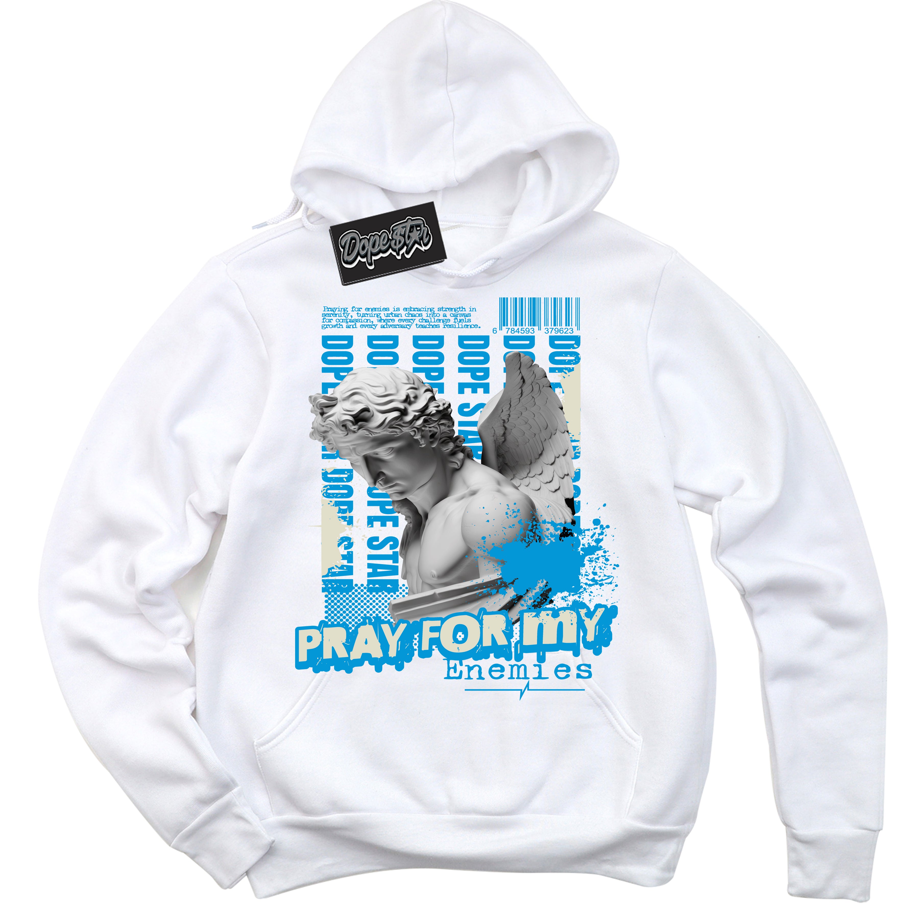 Dunk High Next Nature Light Khaki Star Blue 'Pray Enemies' Hoodie – White Streetwear Sweatshirt | Sneaker Matching Hoodie for Dunk High Next Nature Light Khaki Star Blue | Urban Fashion for Pray Enemies | Men's & Women's Streetwear Outfit by Sneaker Shirts Outlet.