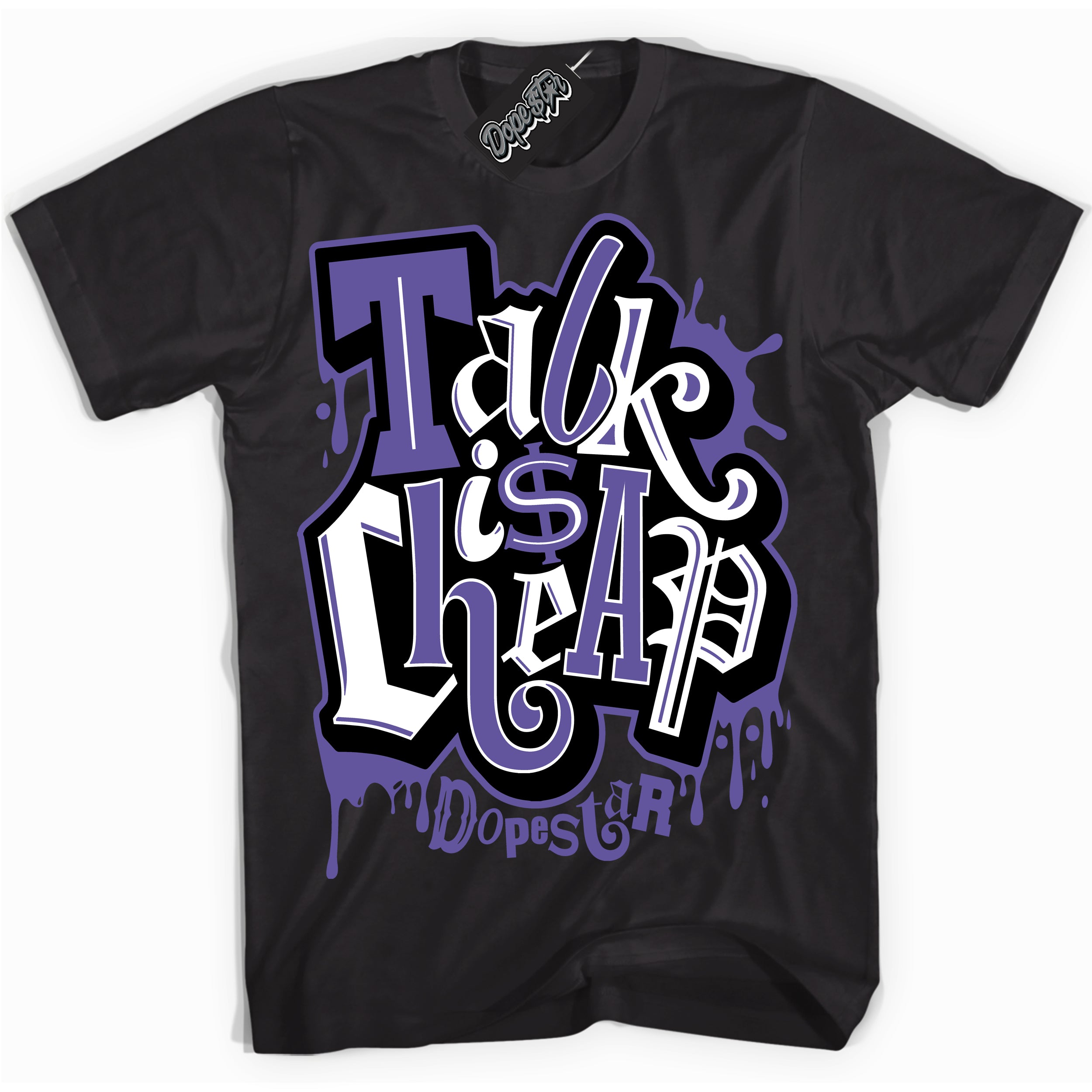 Cool Black Shirt with “ Talk Is Cheap” design that perfectly matches Psychic Purple Sneakers.