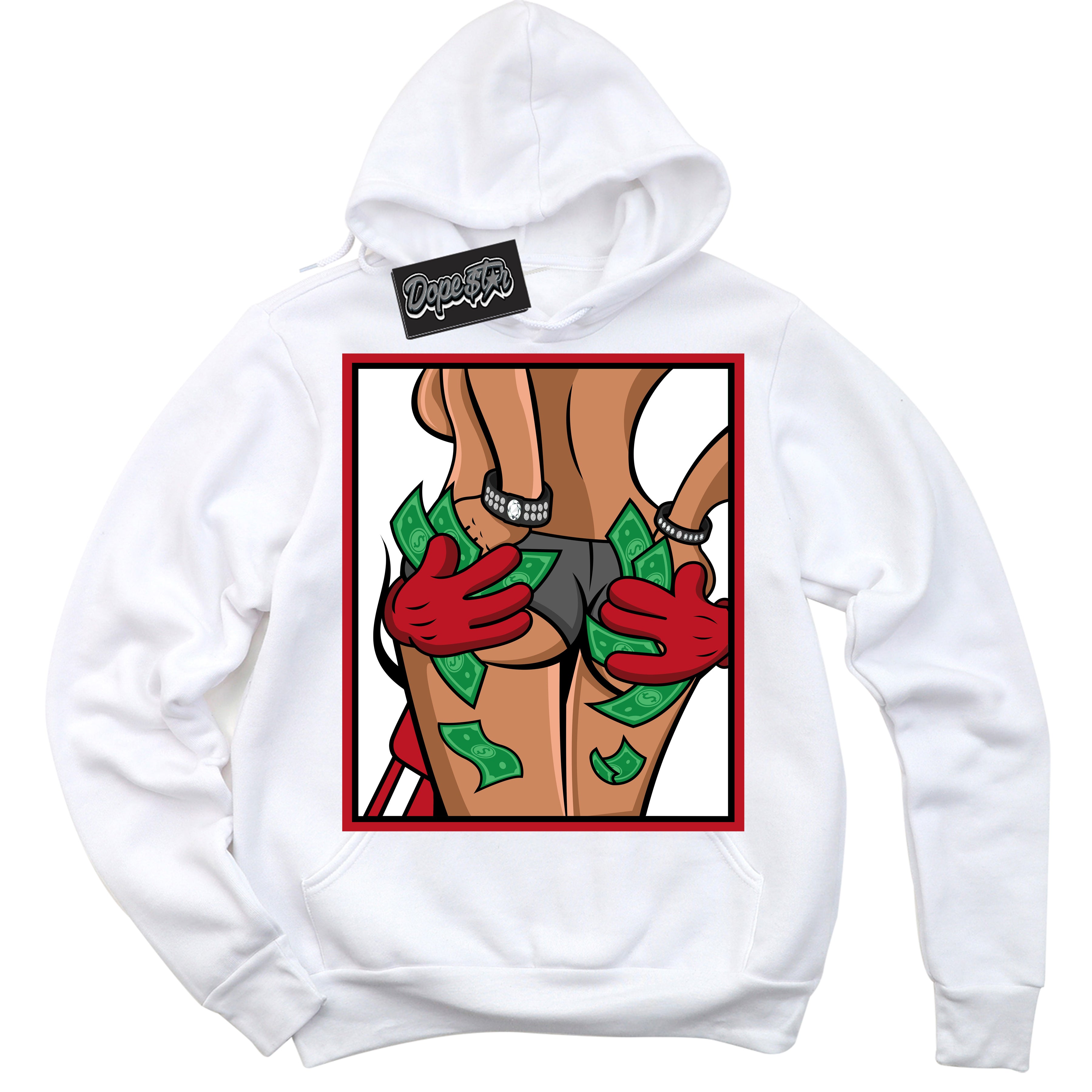 Cool White Hoodie with “ Money Hands ”  design that Perfectly Matches Black Dragon Red Dunk.