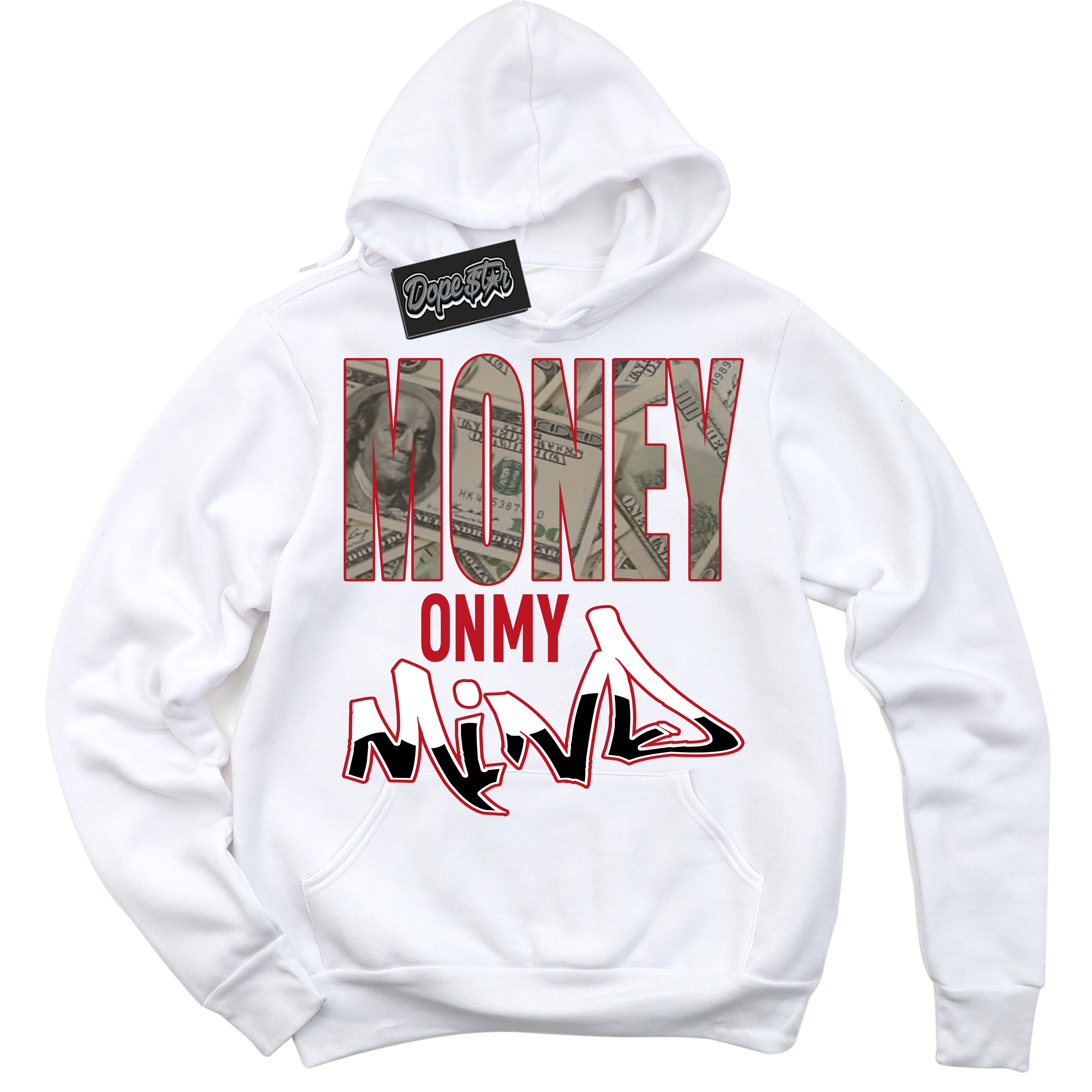 Cool White Hoodie with “ Money On My Mind ”  design that Perfectly Matches Black Dragon Red Dunk.