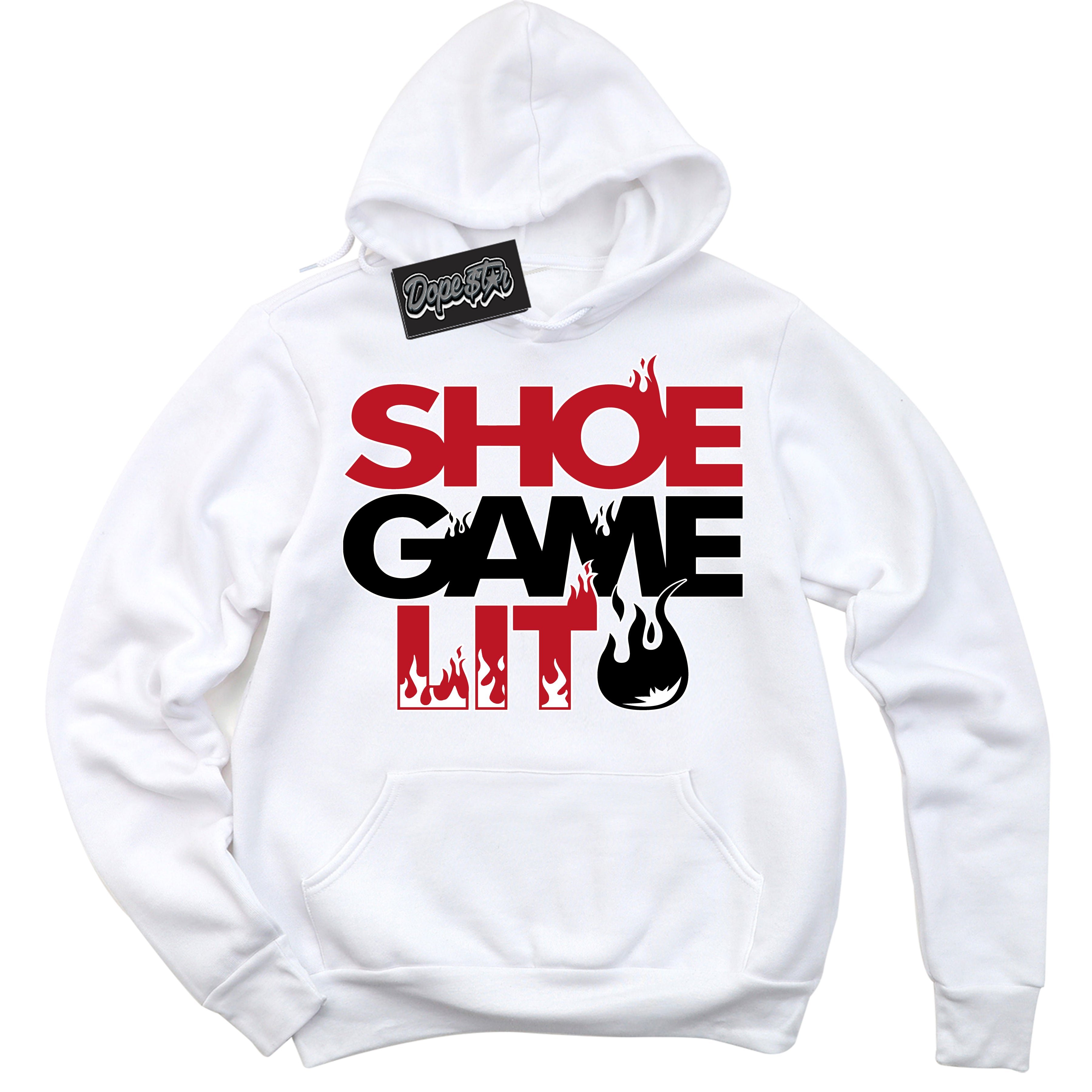 Cool White Hoodie with “ Shoe Game Lit ”  design that Perfectly Matches Black Dragon Red Dunk.