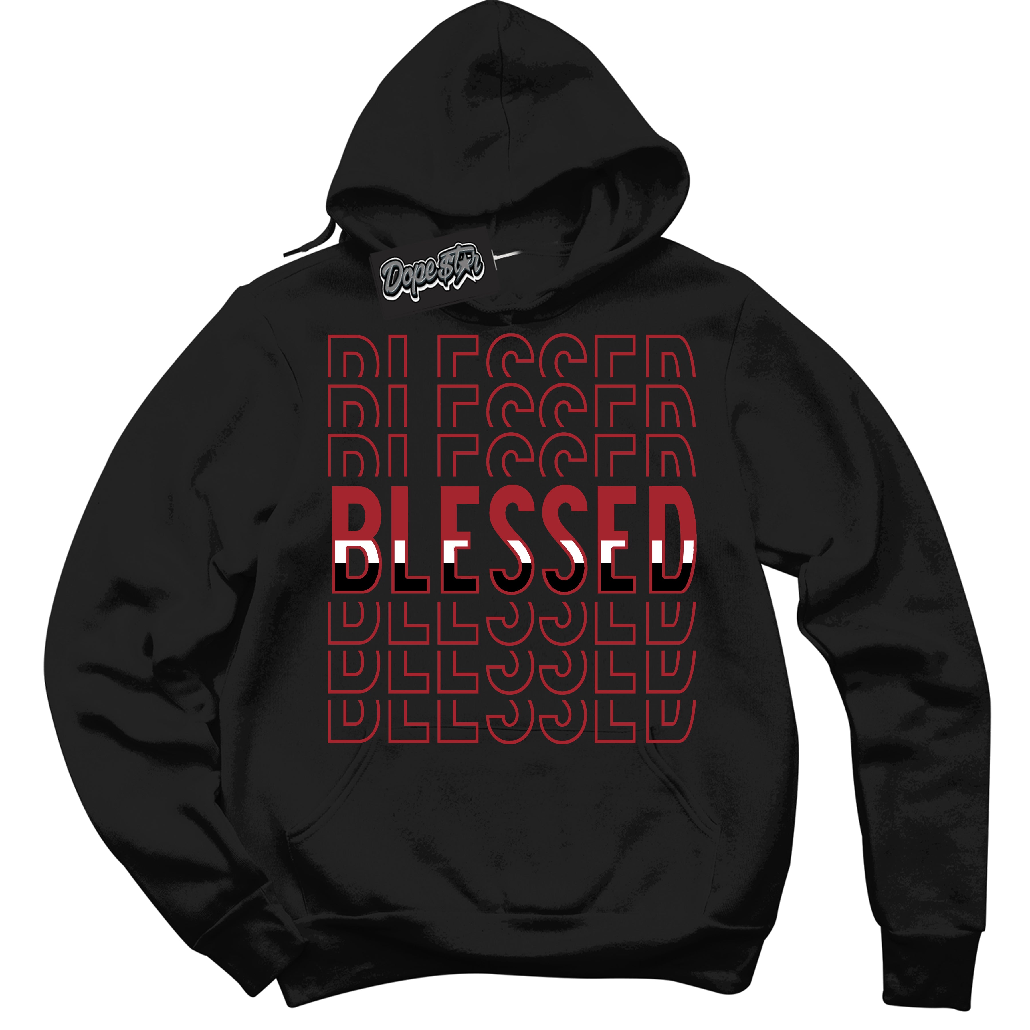 Dunk Low Black Toe Bright Crimson 'Blessed Stacked' Hoodie – Black Streetwear Sweatshirt | Sneaker Matching Hoodie for Dunk Low Black Toe Bright Crimson | Men's & Women's Streetwear Outfit by Sneaker Shirts Outlet.