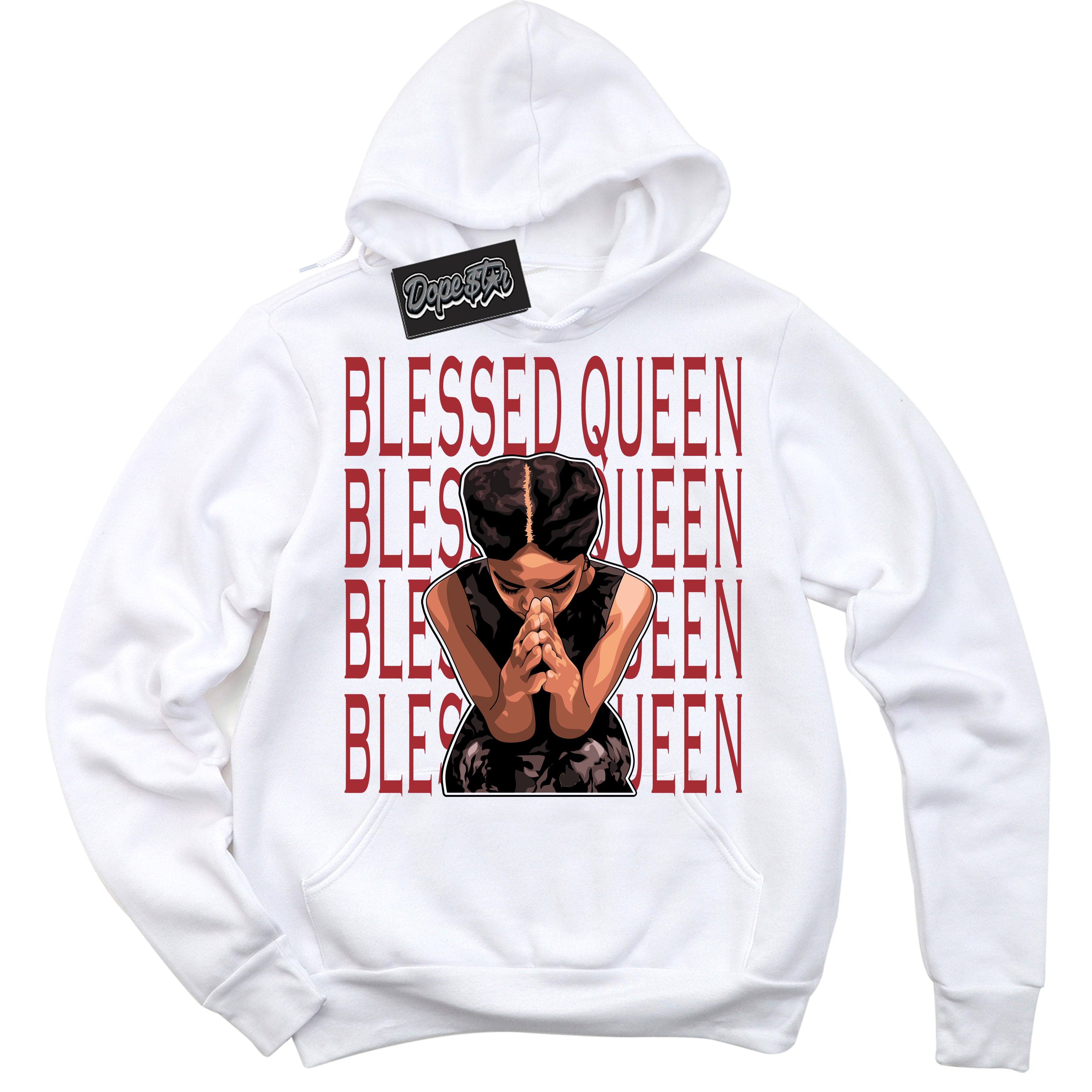 Dunk Low Black Toe Bright Crimson 'Blessed Queen' Hoodie – White Streetwear Sweatshirt | Sneaker Matching Hoodie for Dunk Low Black Toe Bright Crimson | Men's & Women's Streetwear Outfit by Sneaker Shirts Outlet.