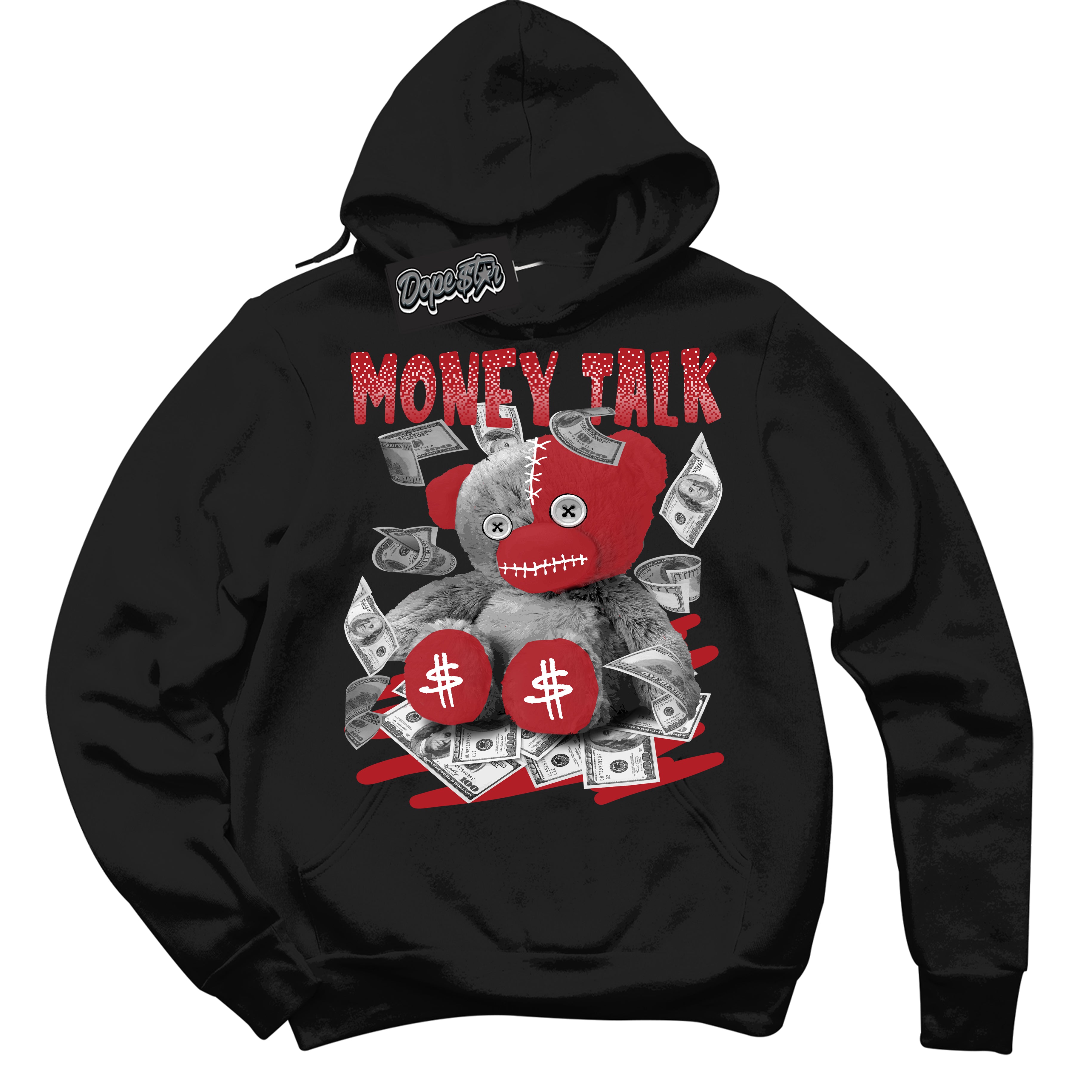 Dunk Low Black Toe Bright Crimson 'Money Talk Bear' Hoodie – Black Streetwear Sweatshirt | Sneaker Matching Hoodie for Dunk Low Black Toe Bright Crimson | Men's & Women's Streetwear Outfit by Sneaker Shirts Outlet.