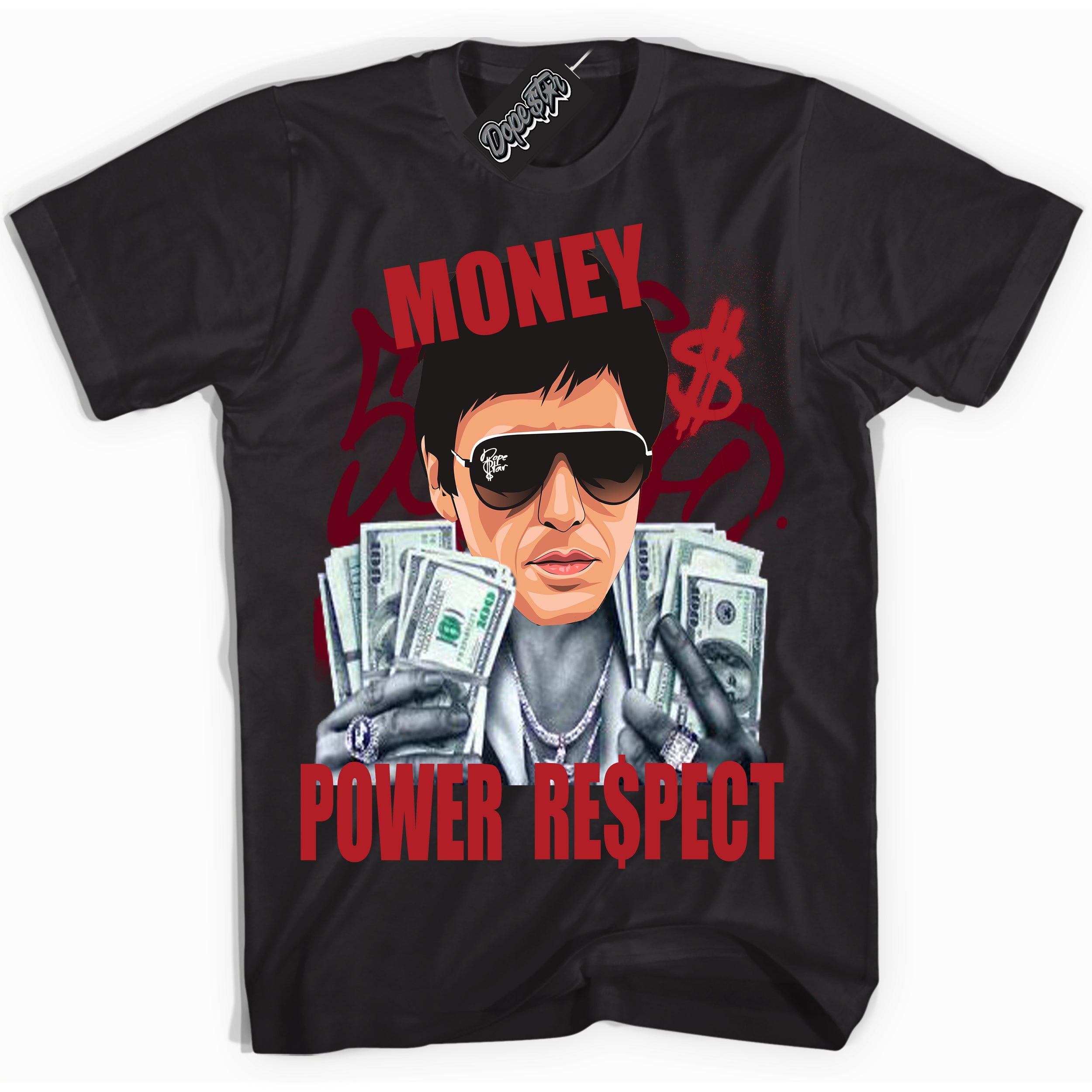 Dunk Low Black Toe Bright Crimson 'Tony Montana' Shirt – Black Streetwear T-Shirt | Sneaker Matching Tee for Dunk Low Black Toe Bright Crimson | Men's & Women's Streetwear Outfit by Sneaker Shirts Outlet.