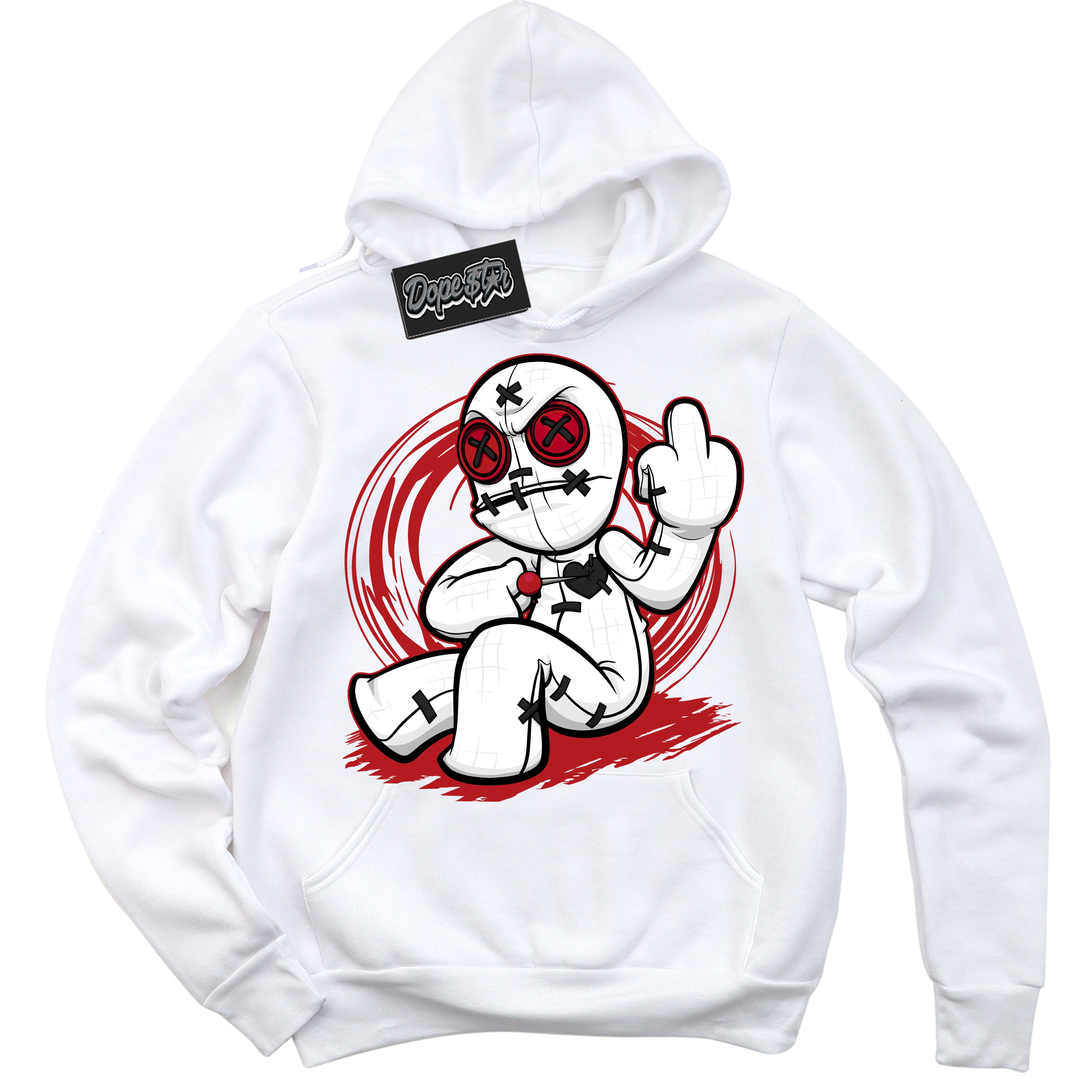 Dunk Low Black Toe Bright Crimson 'Voodoo Doll' Hoodie – White Streetwear Sweatshirt | Sneaker Matching Hoodie for Dunk Low Black Toe Bright Crimson | Men's & Women's Streetwear Outfit by Sneaker Shirts Outlet.