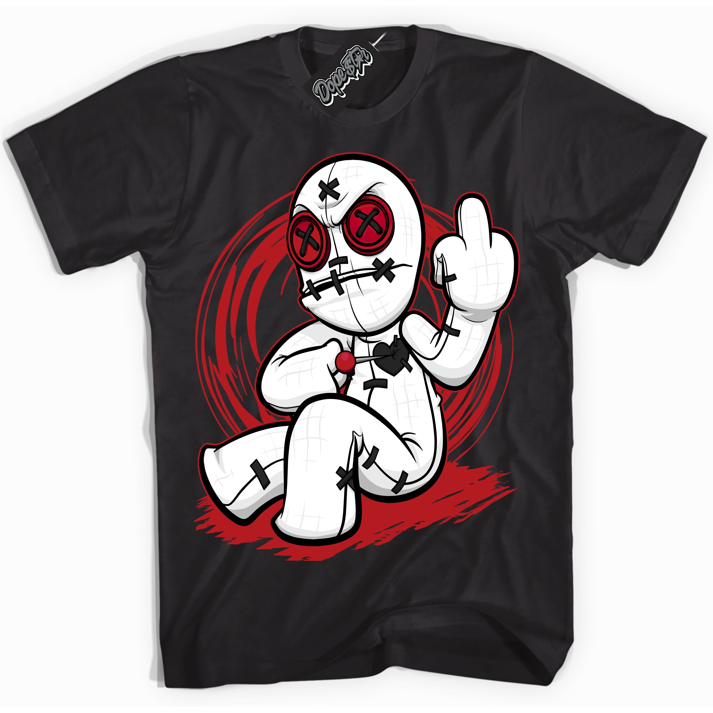 Dunk Low Black Toe Bright Crimson 'Voodoo Doll' Shirt – Black Streetwear T-Shirt | Sneaker Matching Tee for Dunk Low Black Toe Bright Crimson | Men's & Women's Streetwear Outfit by Sneaker Shirts Outlet.